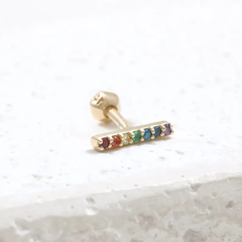 14K 18K Solid Gold Rainbow Cz Stick Bar Ear Stud Cartilage Tragus Helix Barbell Piercing