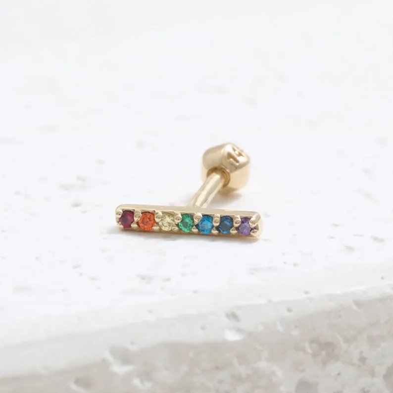 14K 18K Solid Gold Rainbow Cz Stick Bar Ear Stud Cartilage Tragus Helix Barbell Piercing