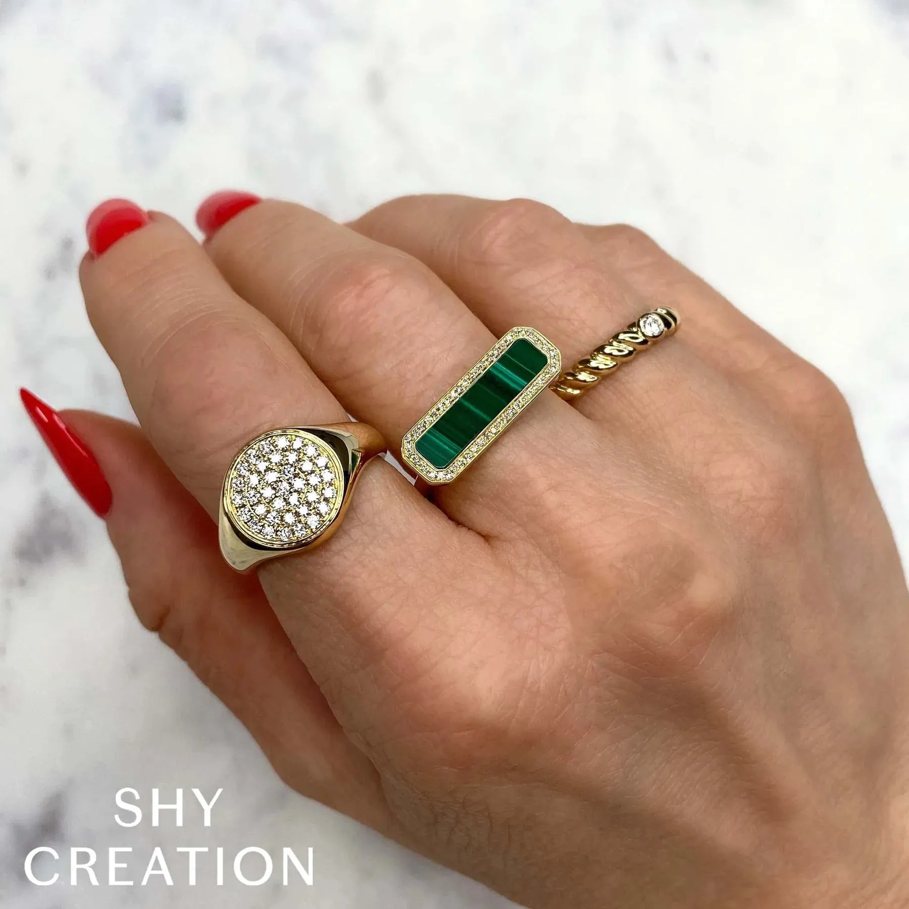 14K Yellow Gold Malachite Diamond Bar Ring