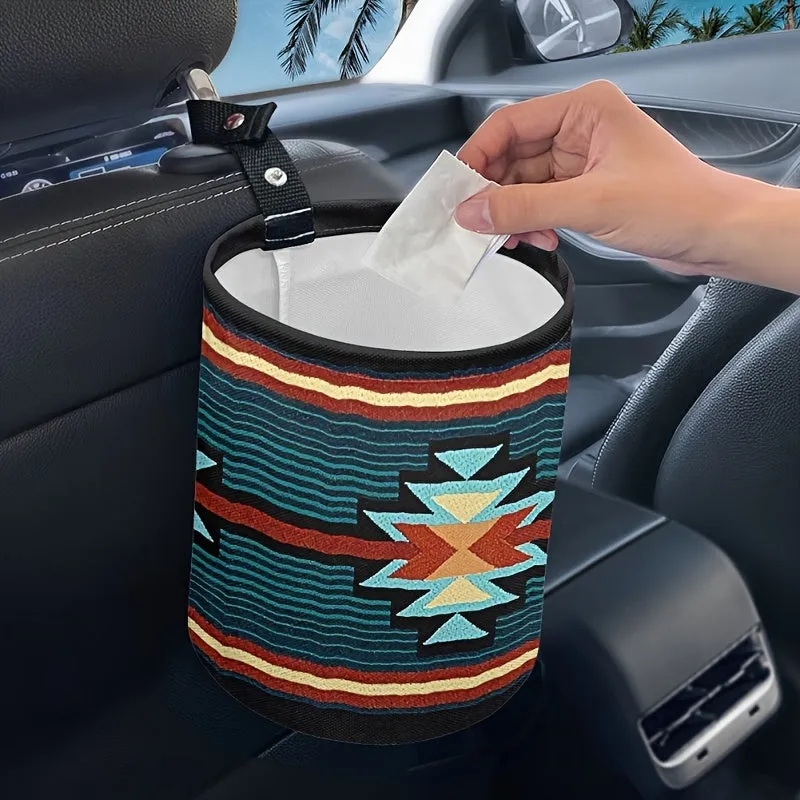 1pc Southwestern Printed Car Trash Can, Foldable Garbage Bag, Multipurpose Portable Car Seat Back Hanging Trash Can, Car Accesso