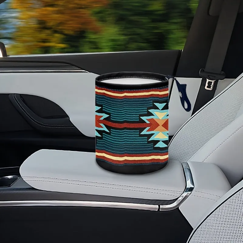 1pc Southwestern Printed Car Trash Can, Foldable Garbage Bag, Multipurpose Portable Car Seat Back Hanging Trash Can, Car Accesso