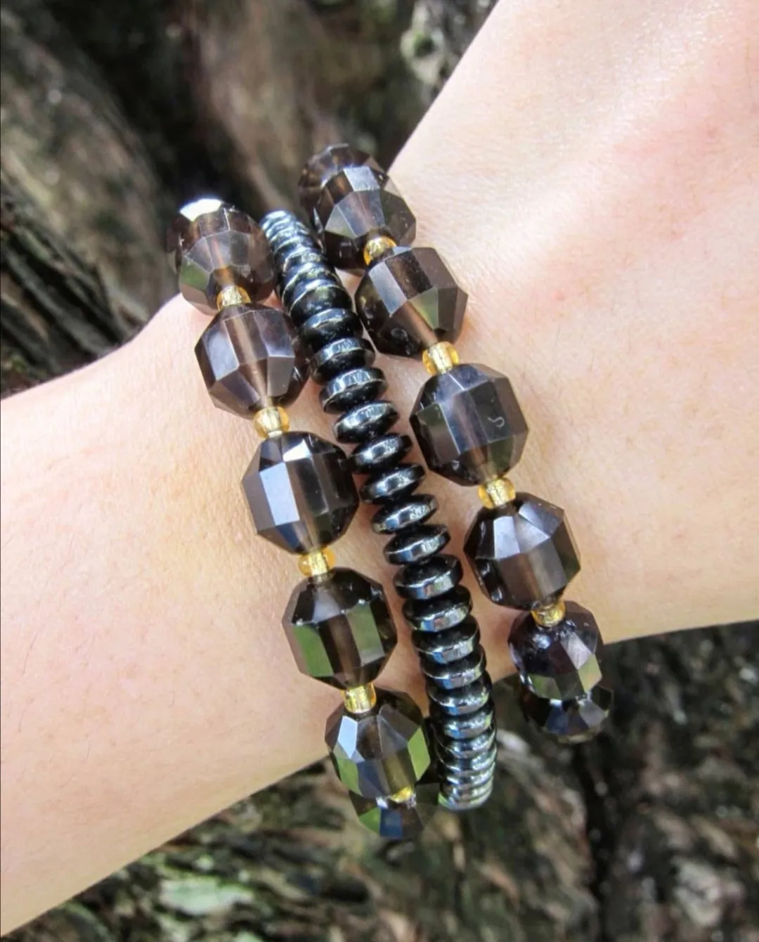 AAA Smoky Quartz Barrel Bead Mala Bracelet