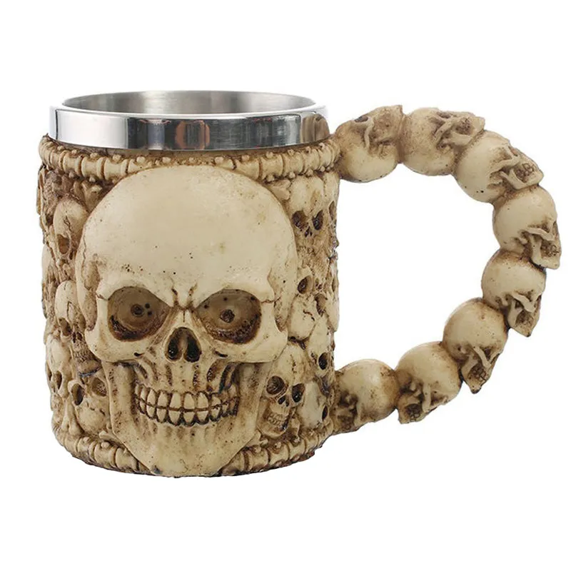 Ancient Cemetery Resin and Stainless Steel Beer 450ml Mug / Retro Viking Pub Bar Mug with Skull