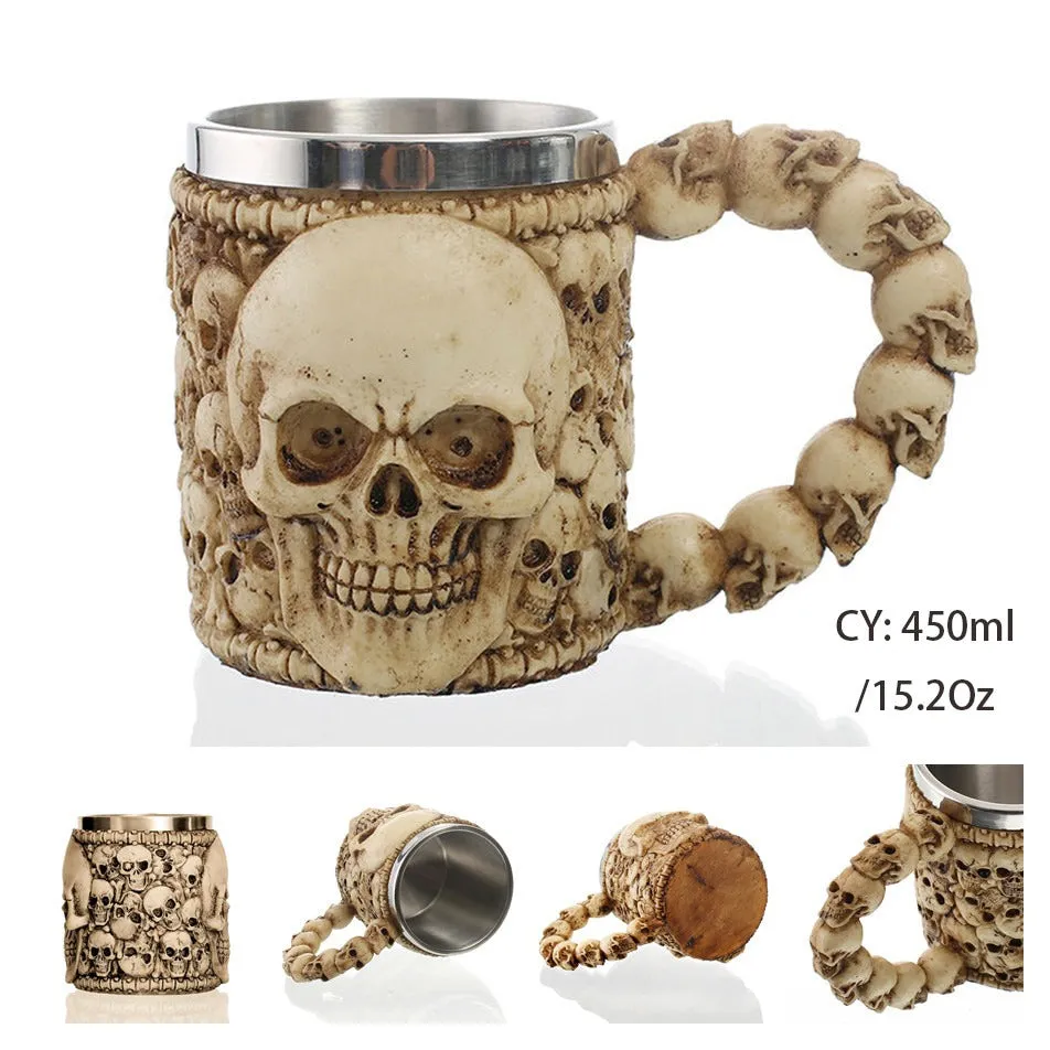 Ancient Cemetery Resin and Stainless Steel Beer 450ml Mug / Retro Viking Pub Bar Mug with Skull