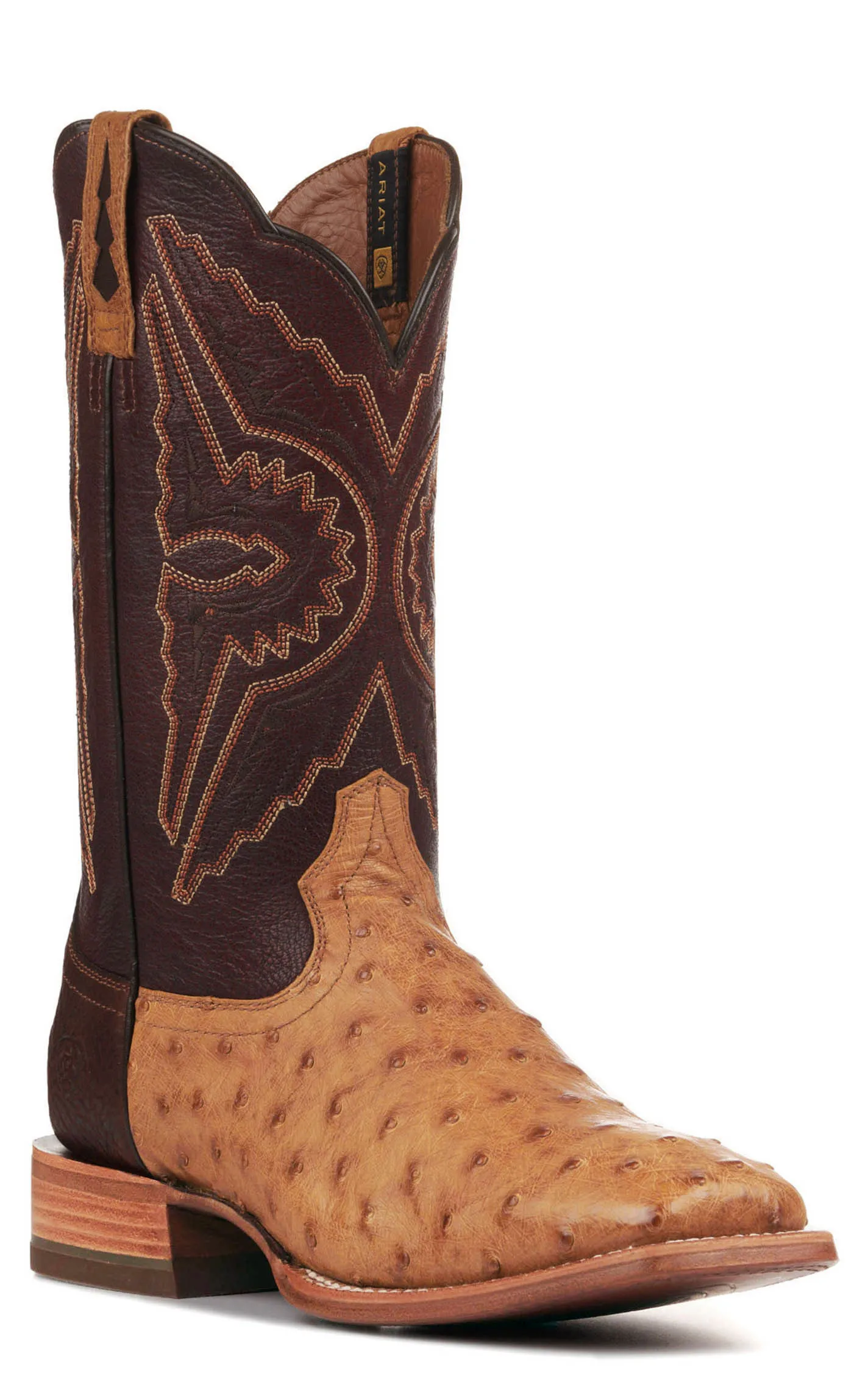 Ariat Men's Broncy Antique Saddle Tan Full Quill Ostrich and Dark Red TekStep Wide Square Toe Exotic Cowboy Boots