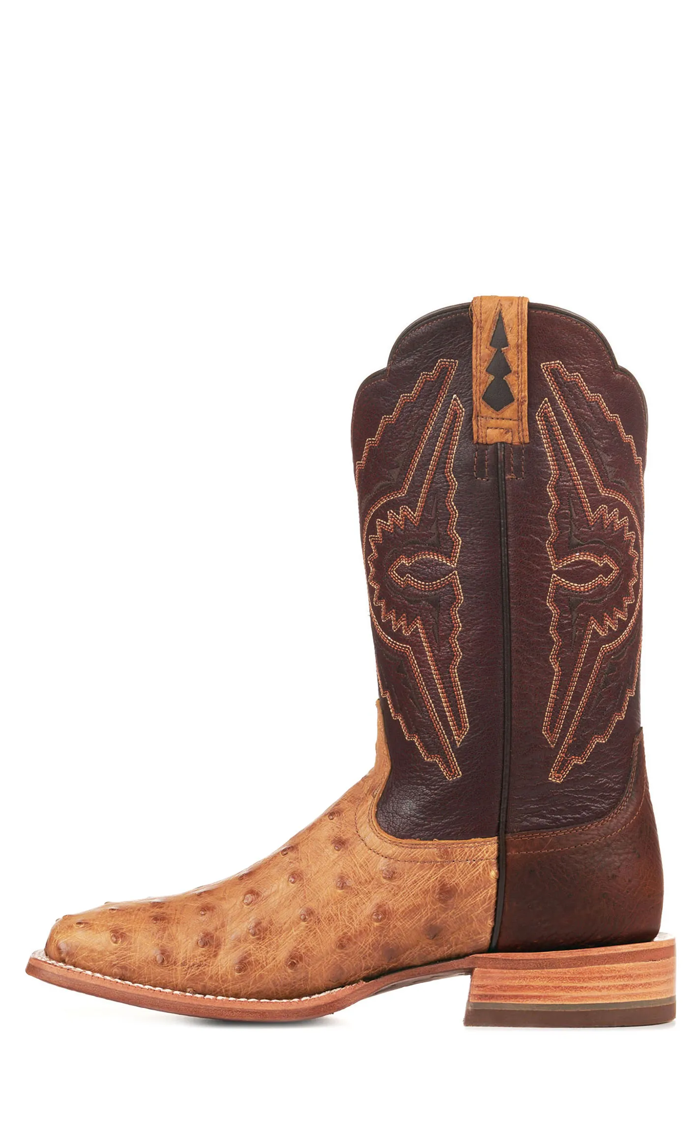 Ariat Men's Broncy Antique Saddle Tan Full Quill Ostrich and Dark Red TekStep Wide Square Toe Exotic Cowboy Boots