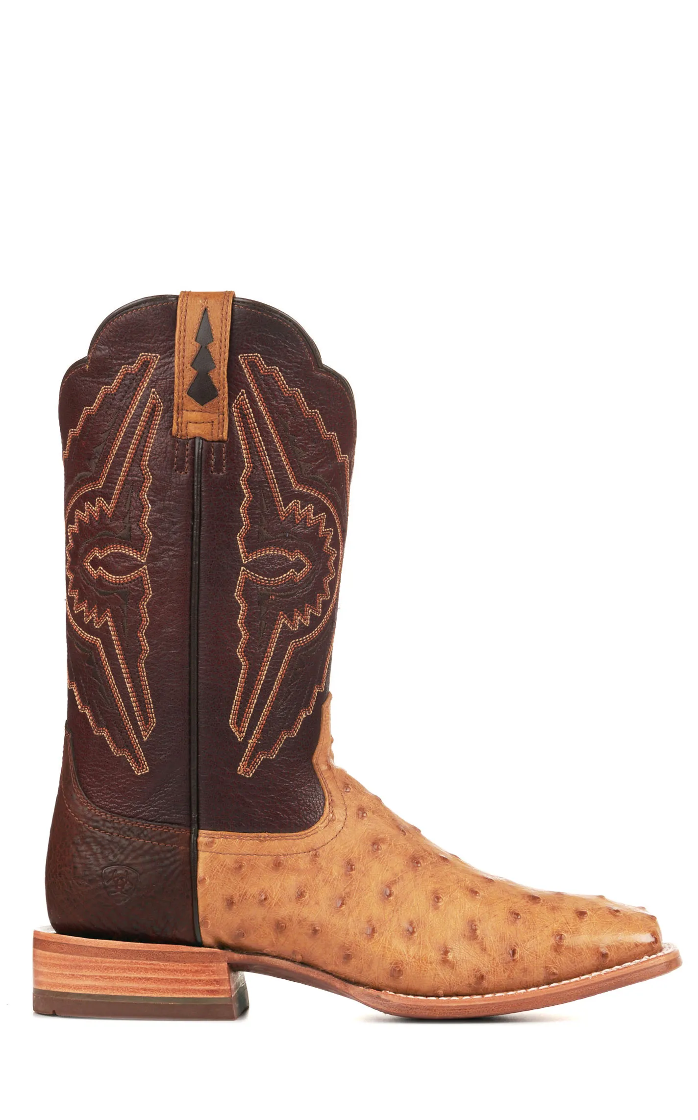 Ariat Men's Broncy Antique Saddle Tan Full Quill Ostrich and Dark Red TekStep Wide Square Toe Exotic Cowboy Boots