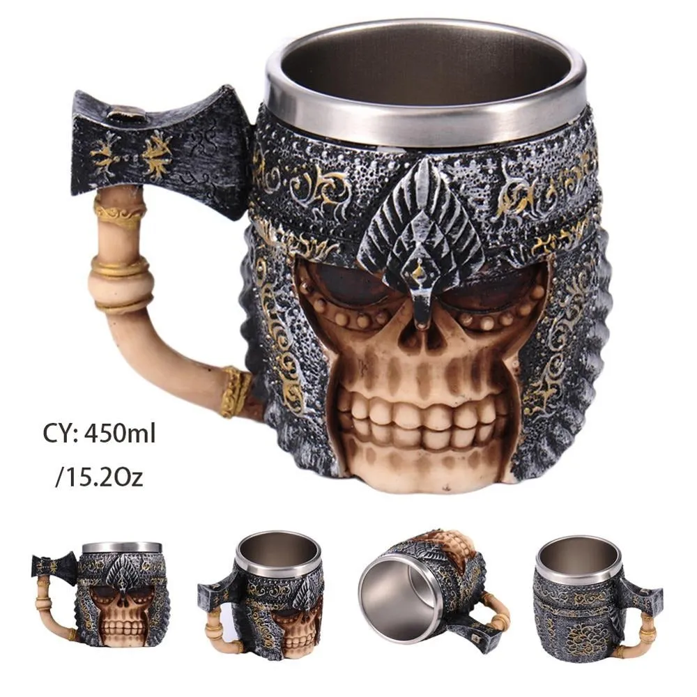 Axe Knight Resin and Stainless Steel Beer 450ml Mug / Retro Viking Pub Bar Mug with Skull