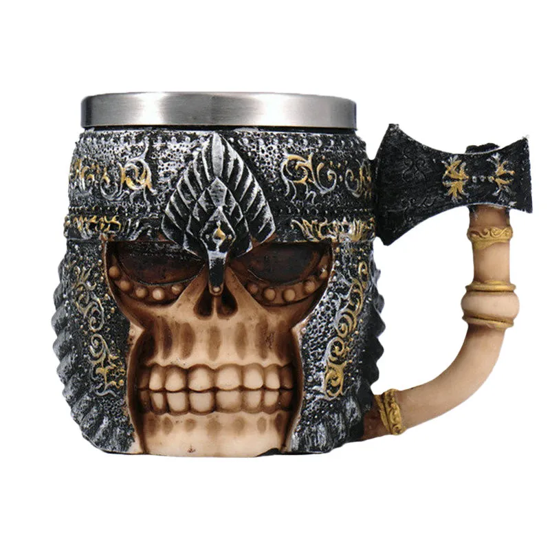 Axe Knight Resin and Stainless Steel Beer 450ml Mug / Retro Viking Pub Bar Mug with Skull