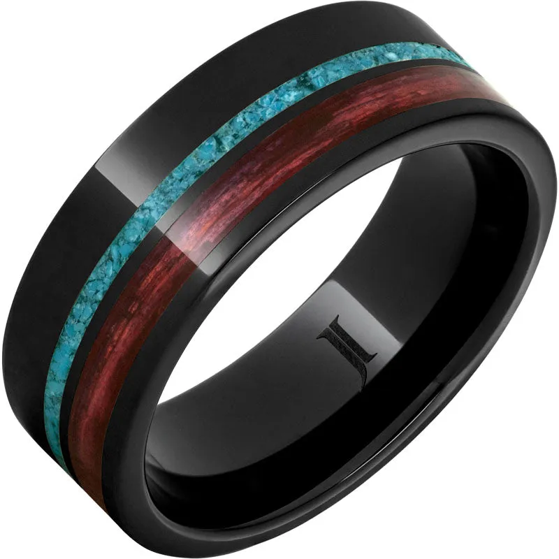 Barrel Aged Black Diamond Ceramic Ring with Cabernet Wood and Turquoise Inlays