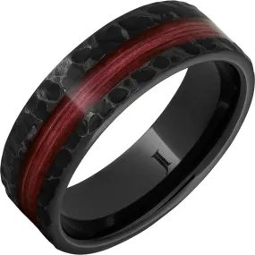 Barrel Aged Black Diamond Ceramic Ring with Cabernet Wood Inlay and Moon Crater Carving