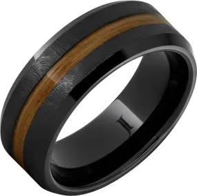 Barrel Aged Black Diamond Ceramic Ring with Single Malt Scotch Whiskey Wood Inlay and Grain Finish