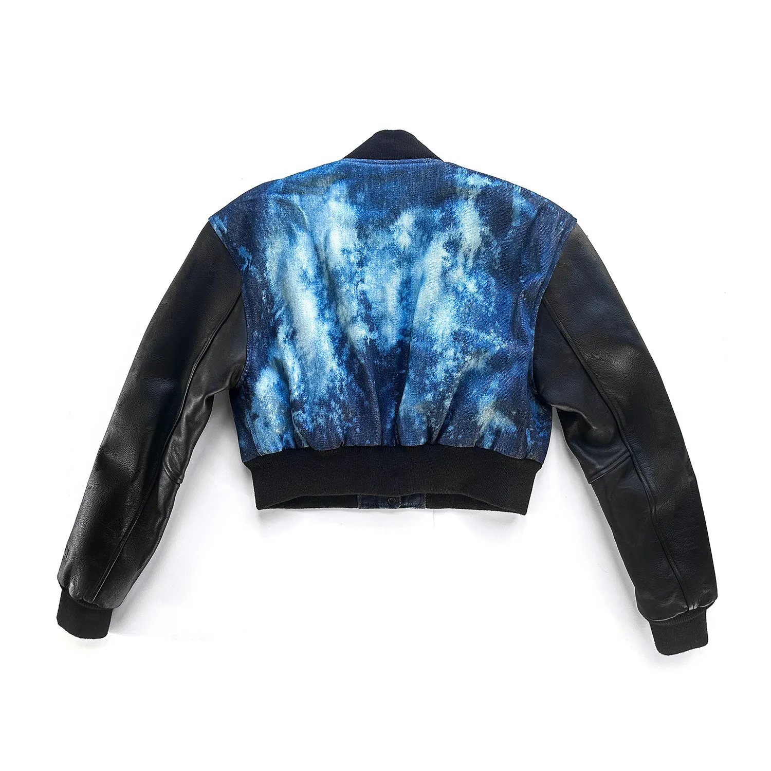 Bleached Denim Bomber Jacket with leather sleeves