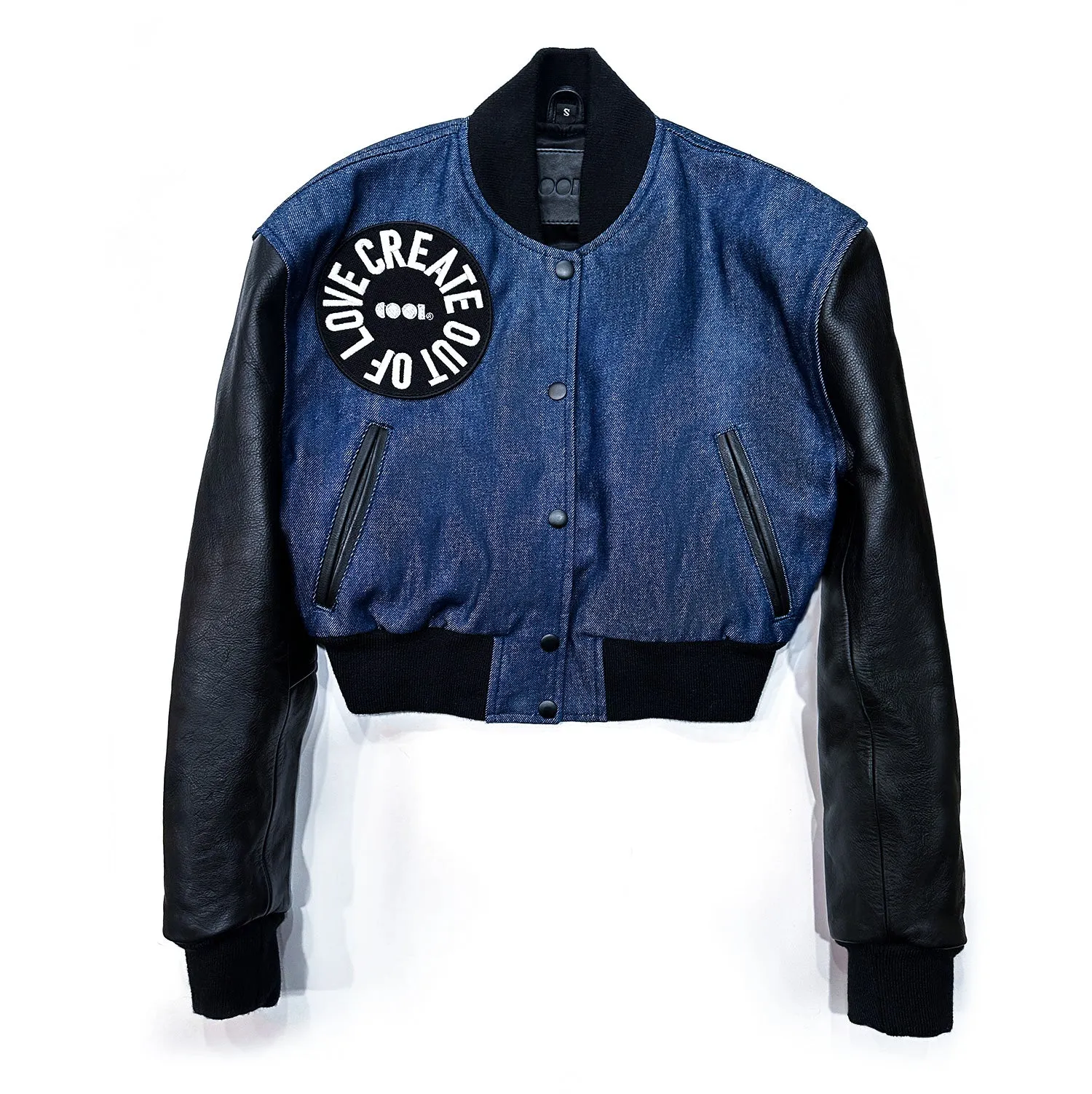 Bleached Denim Bomber Jacket with leather sleeves