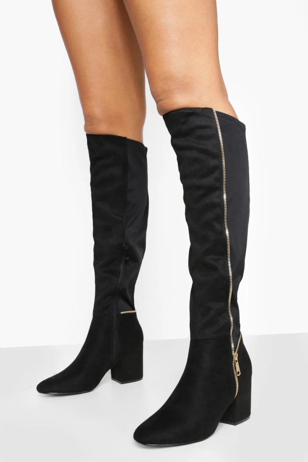 Block Heel Pu Zip High Leg Boots