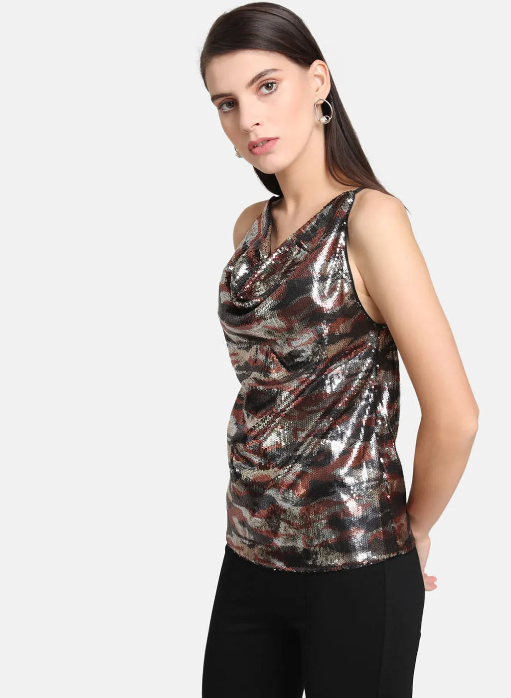 Camo Sequin Cowl Top