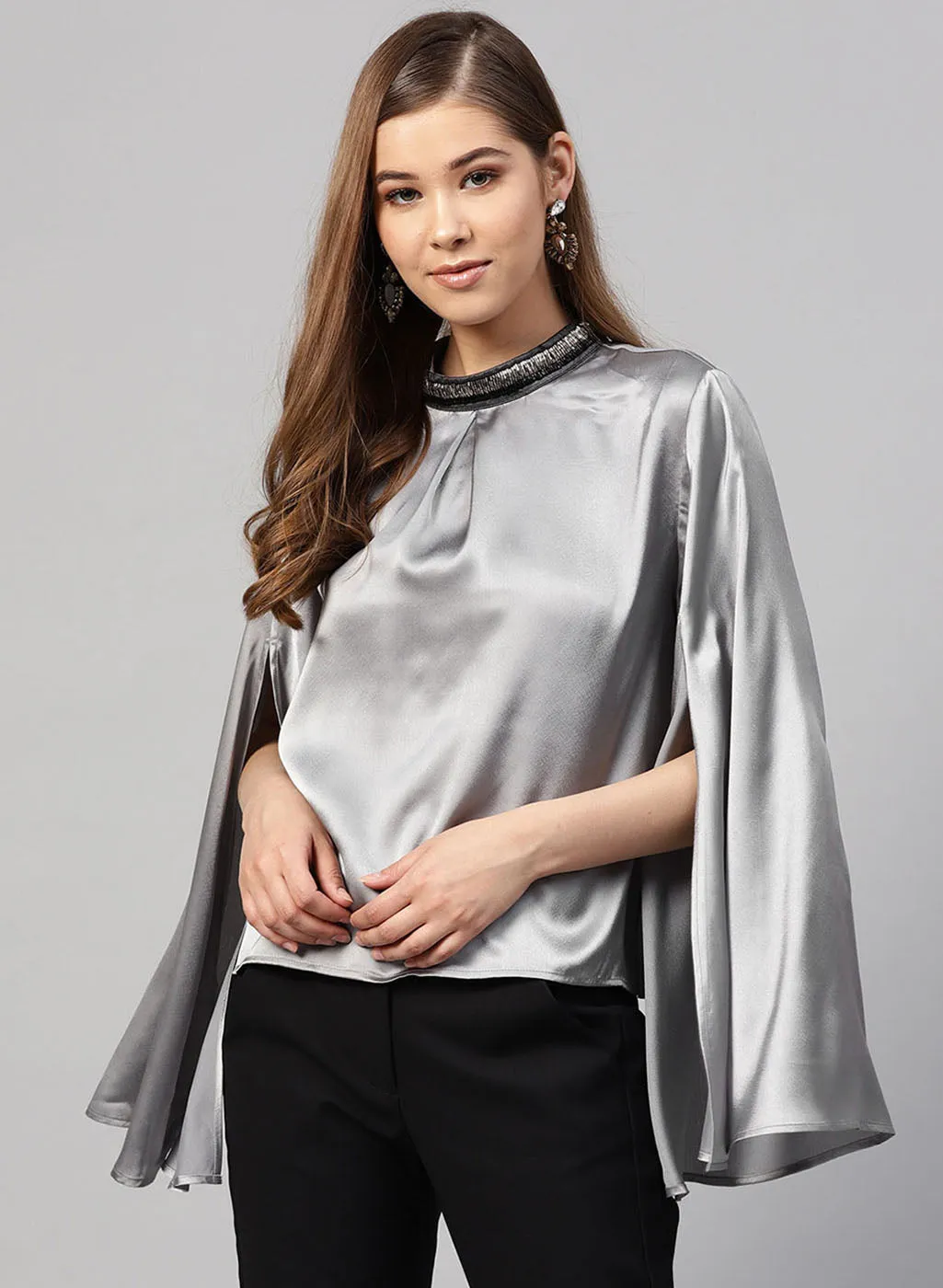 Cape Sleeve Embroidered Neck Top