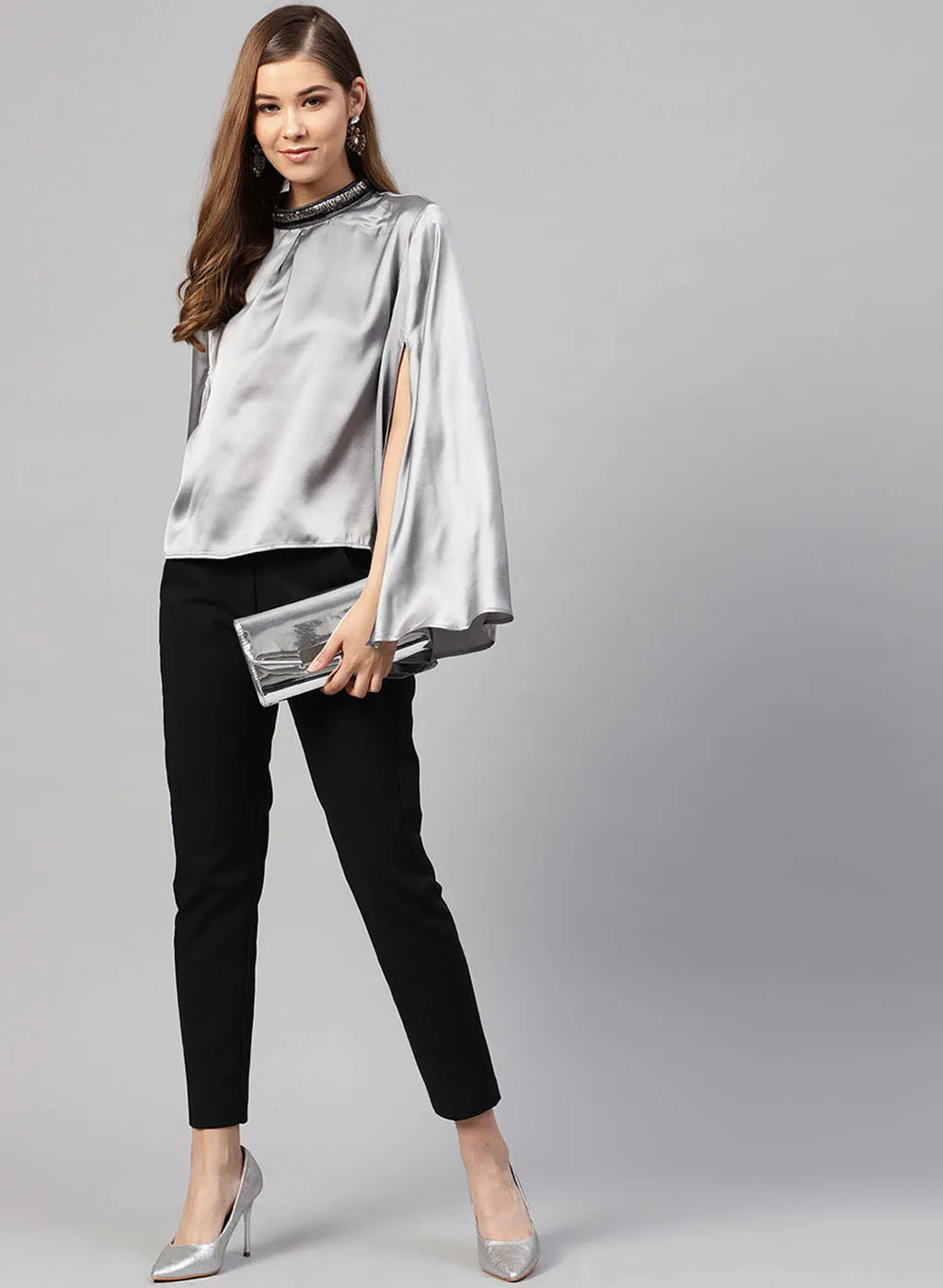 Cape Sleeve Embroidered Neck Top