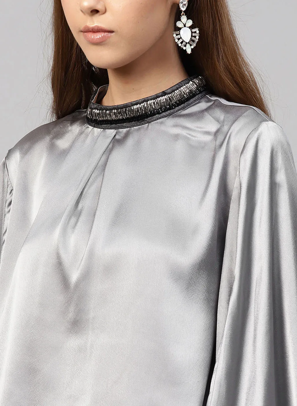 Cape Sleeve Embroidered Neck Top