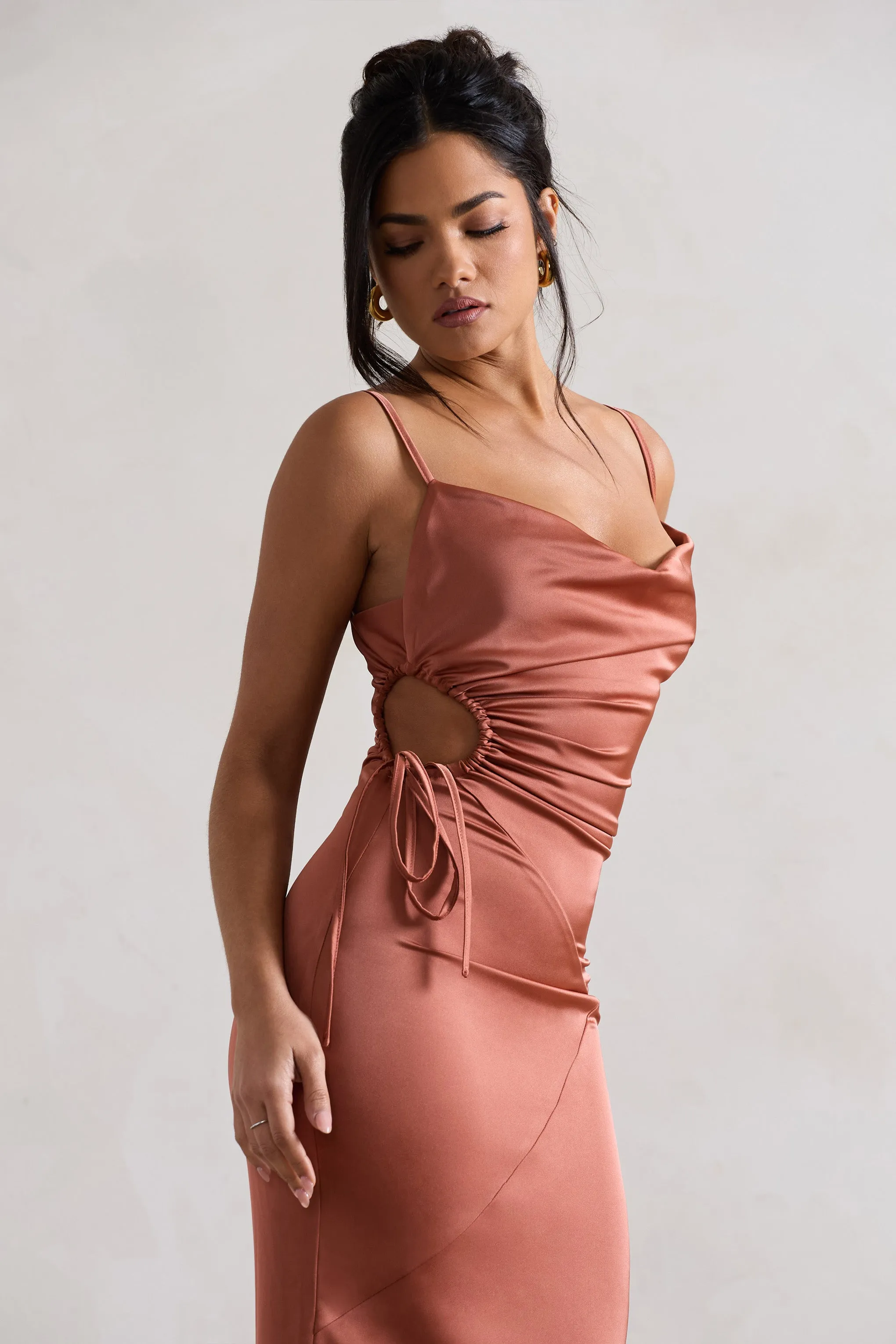 Carter | Rust Satin Cowl-Neck Maxi Dress With Cut-Out