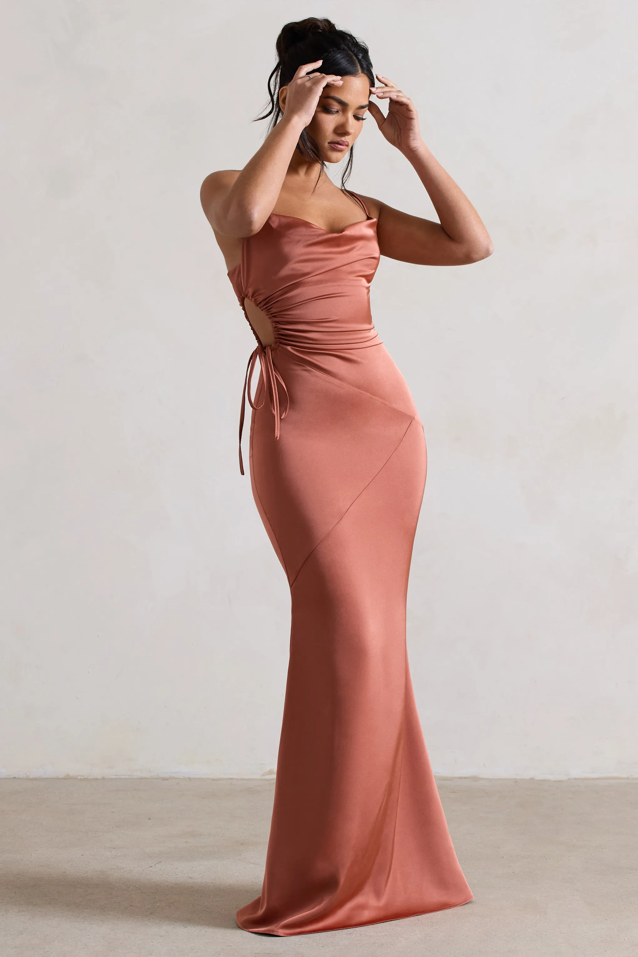 Carter | Rust Satin Cowl-Neck Maxi Dress With Cut-Out