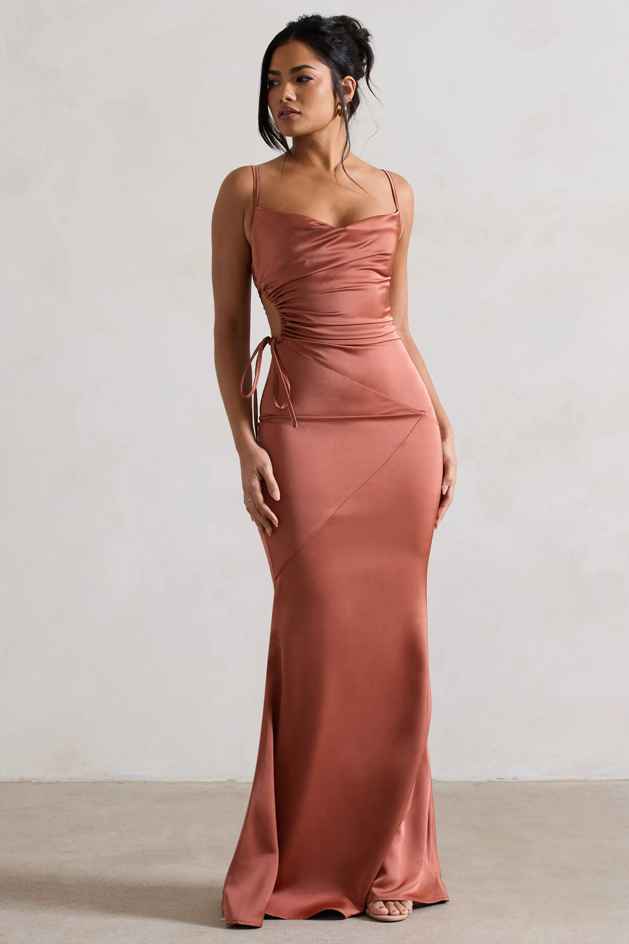 Carter | Rust Satin Cowl-Neck Maxi Dress With Cut-Out