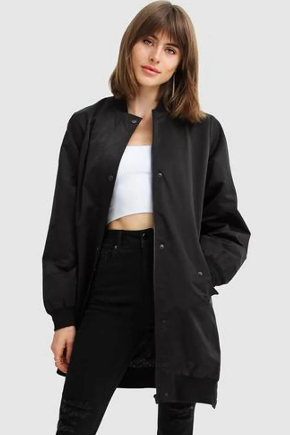 Chasing You Long Bomber Jacket in Black