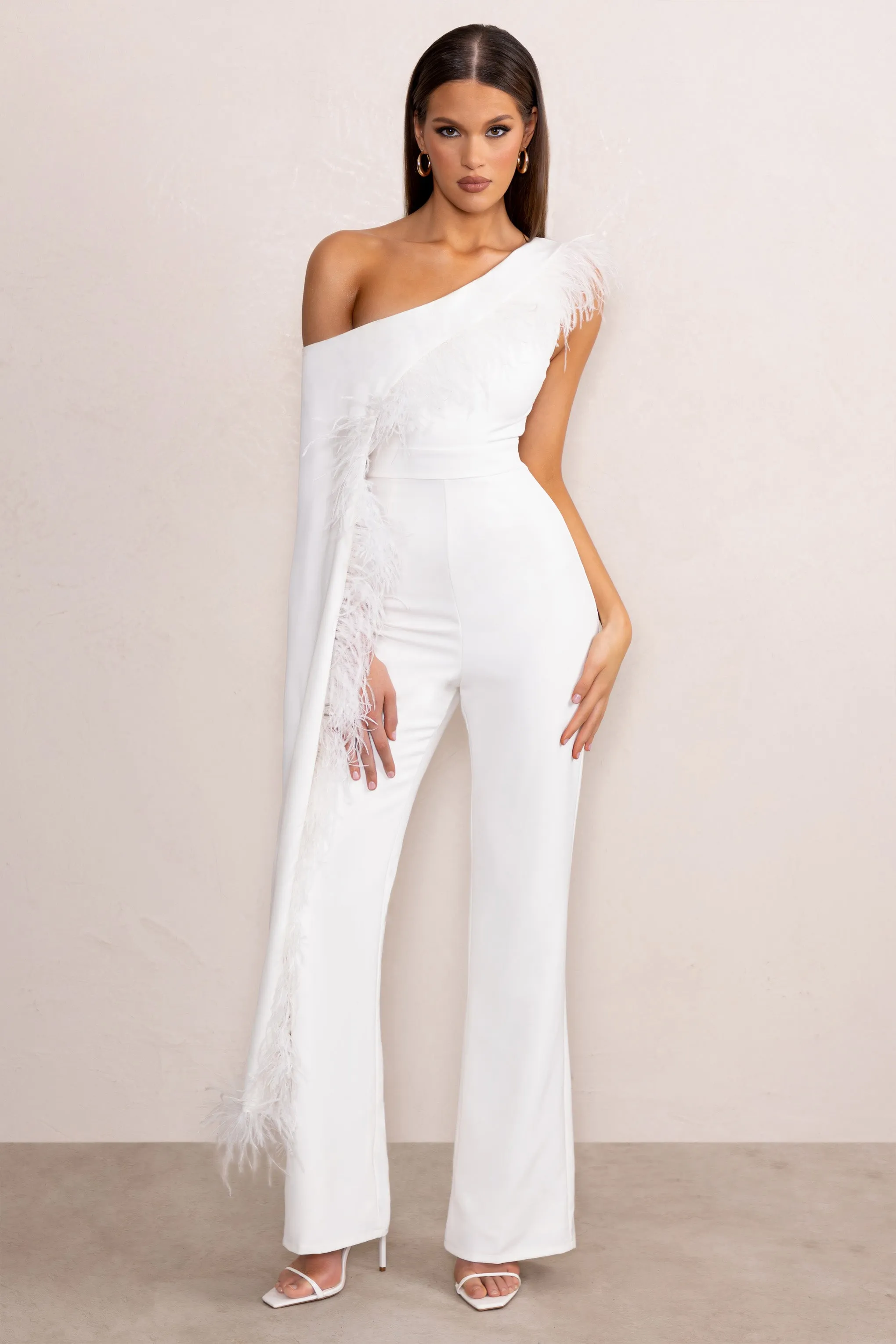 Cindy | White One-Shoulder Cape Jumpsuit with Feather Trim