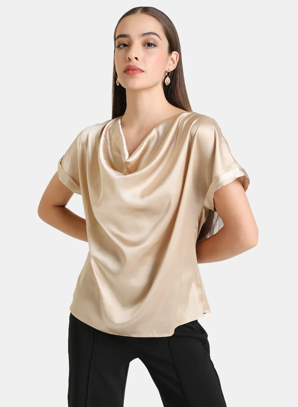 Cowl Neck Half Sleeves Satin Top