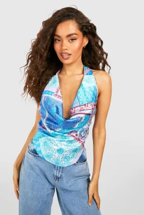 Cowl Neck Halter Paisley Print Cropped Top