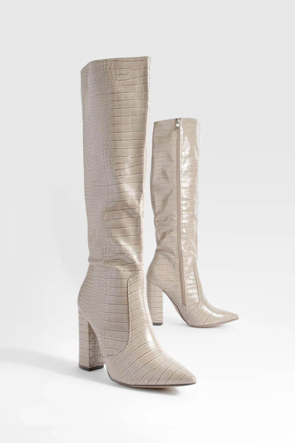 Croc Block Heel Knee High Boots