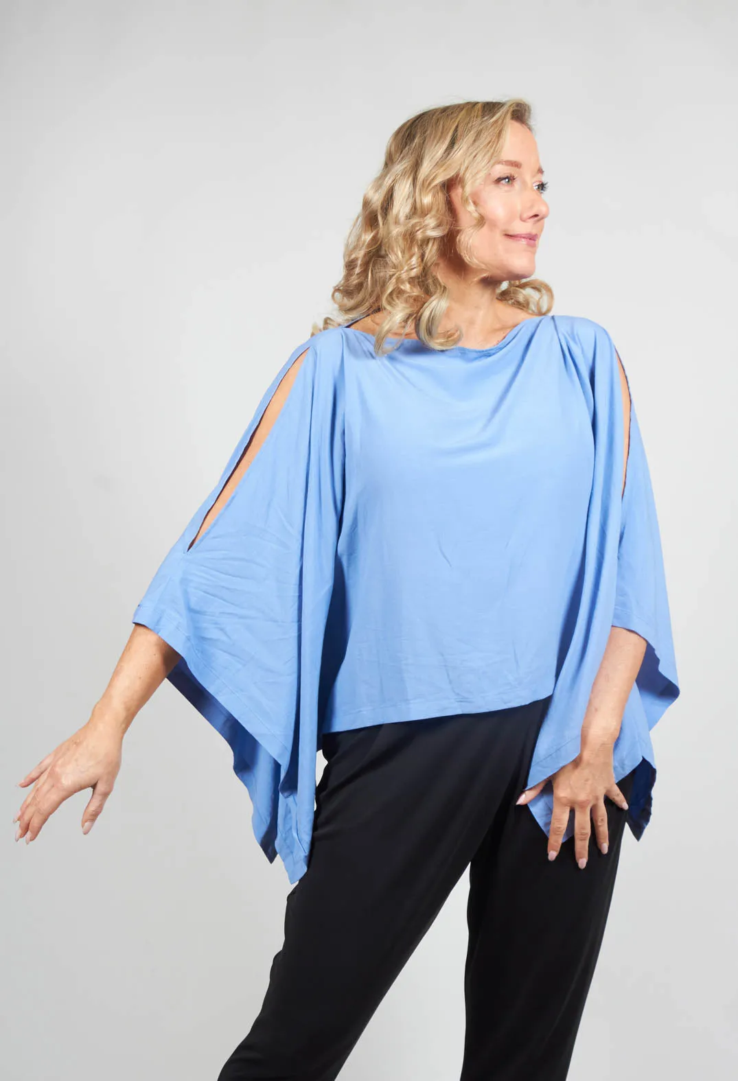 Cropped Cape Style Top with Cut Out Shoulder in Grey Blue