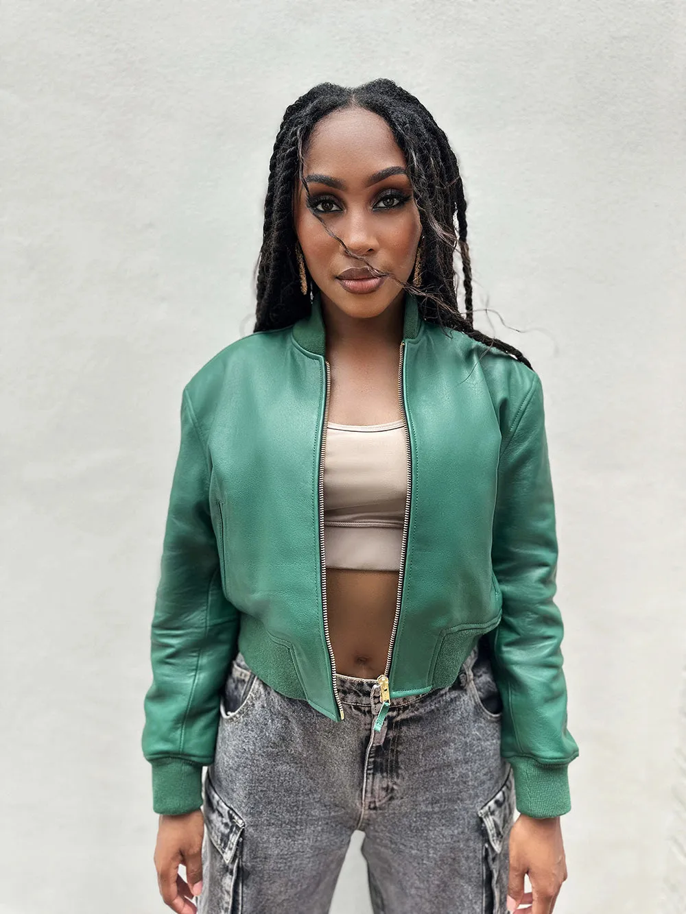 Cropped leather bomber jacket