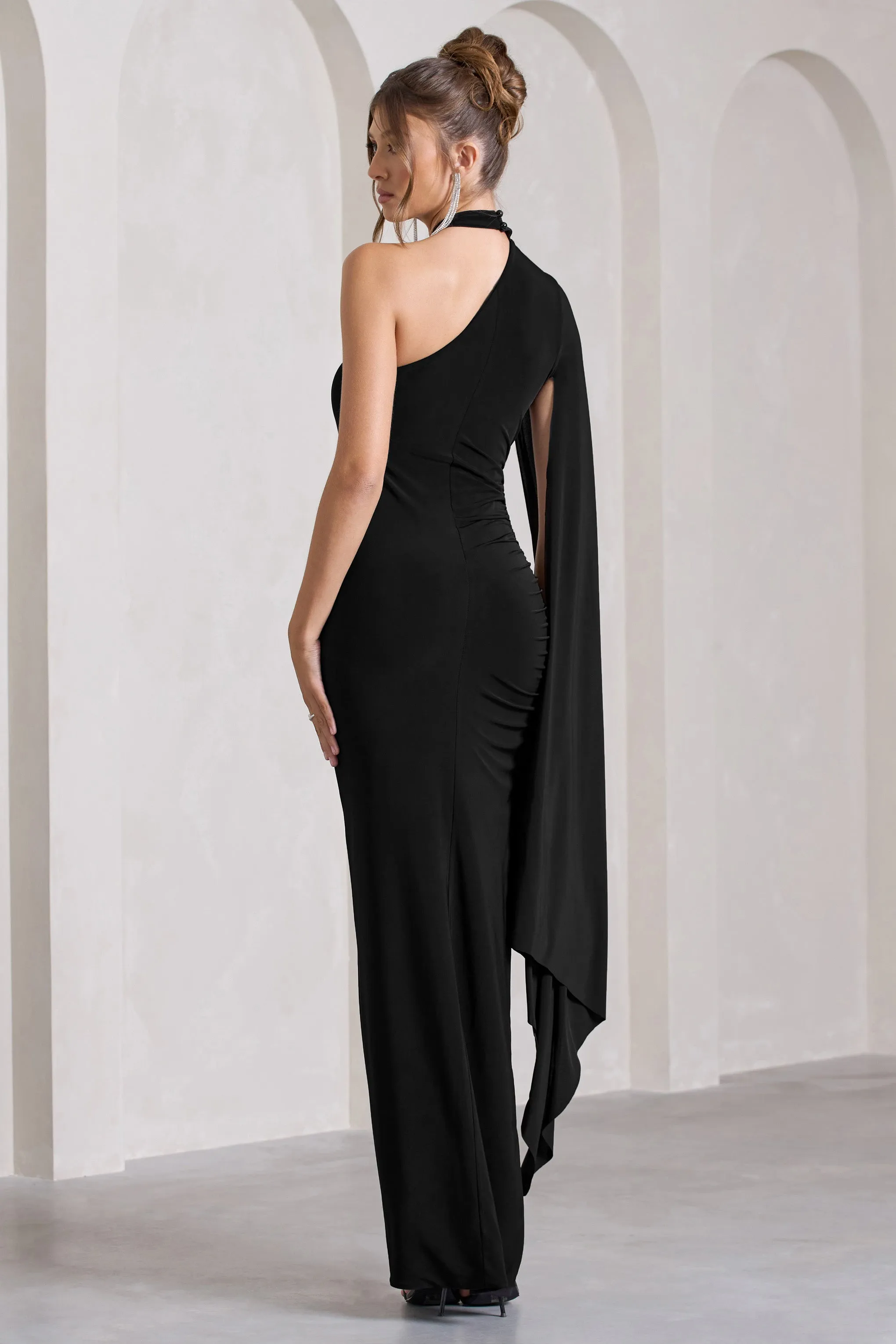 Dare To Drape | Black Asymmetric Draped-Sleeve Split Maxi Dress