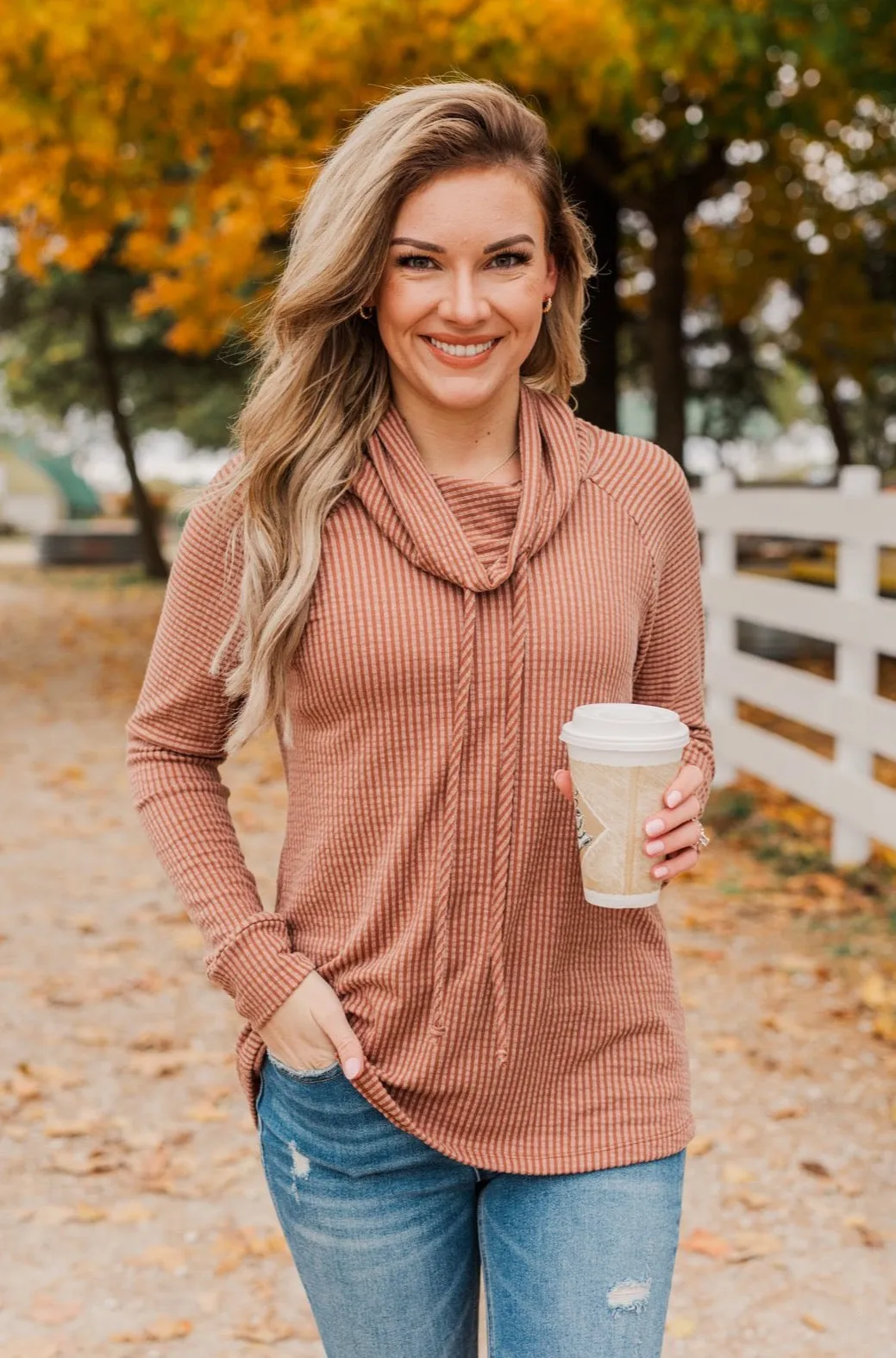 Delightfully Divine Cowl Neck Top- Rust