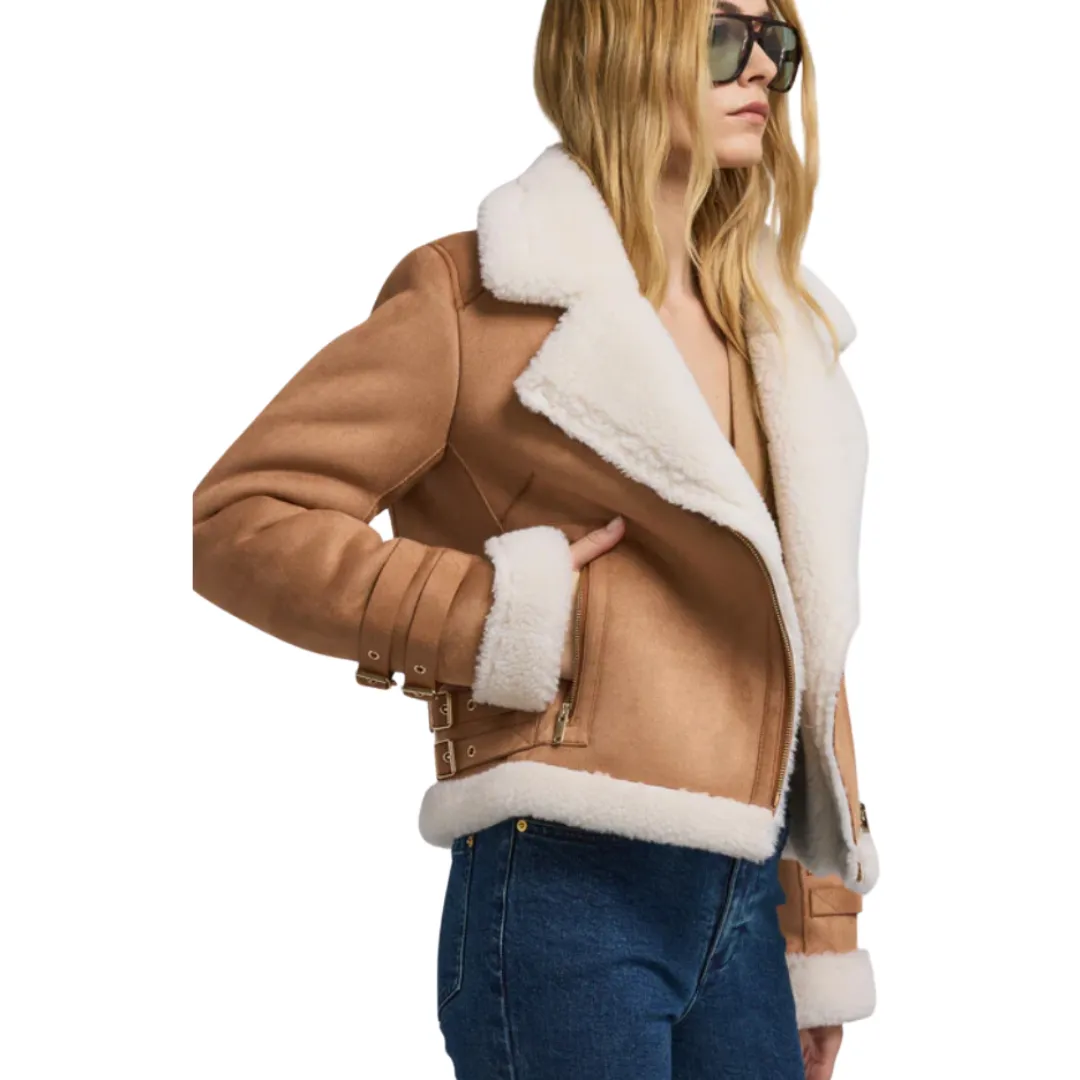 DION SHEARLING MOTO JACKET COGNAC