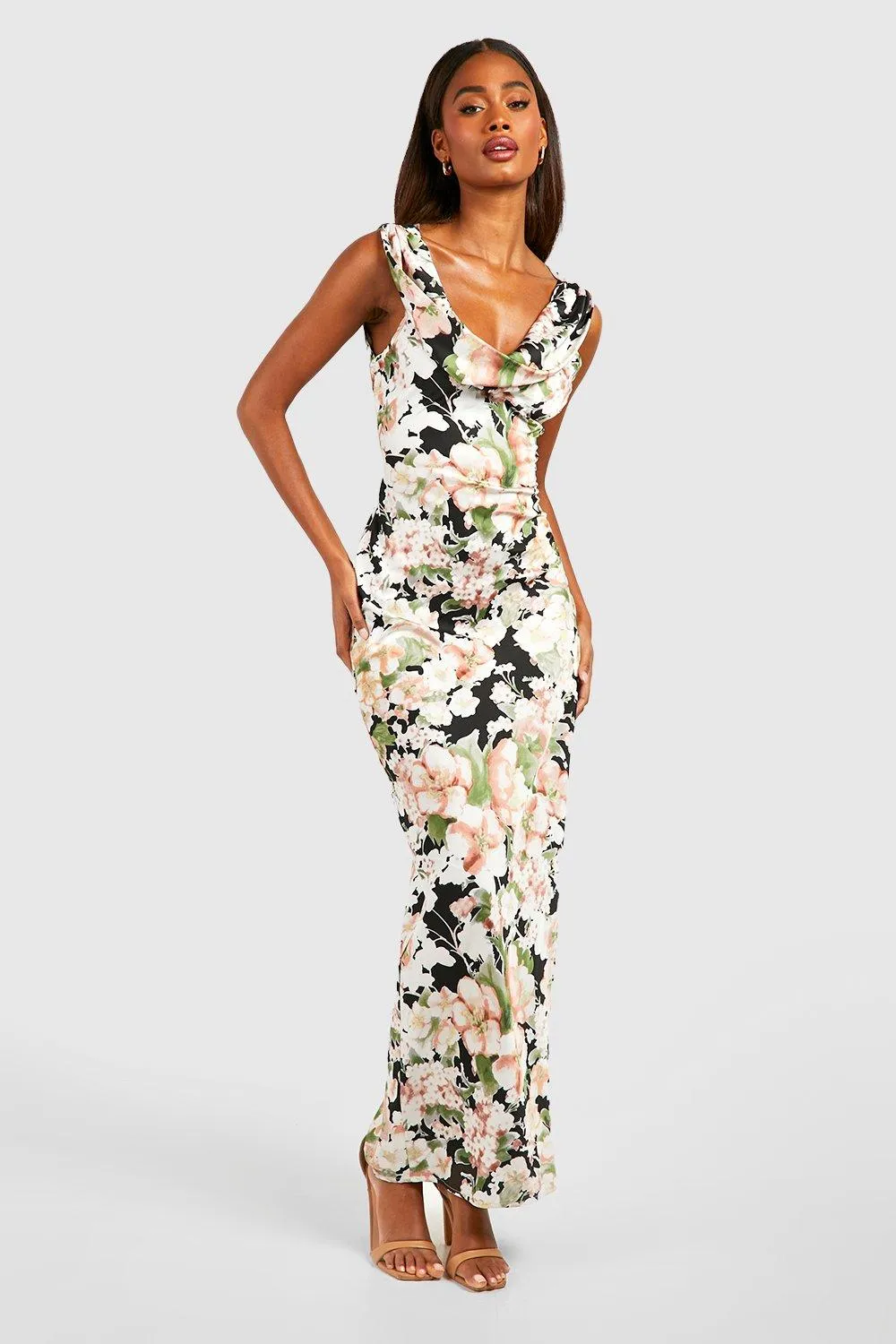 Floral Print Cowl Neck Occasion Dress