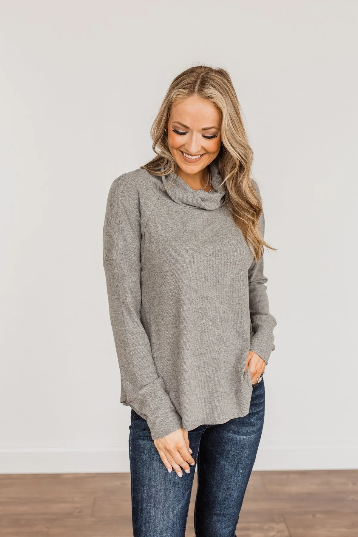 Fluttering Leaves Cowl Neck Top- Grey