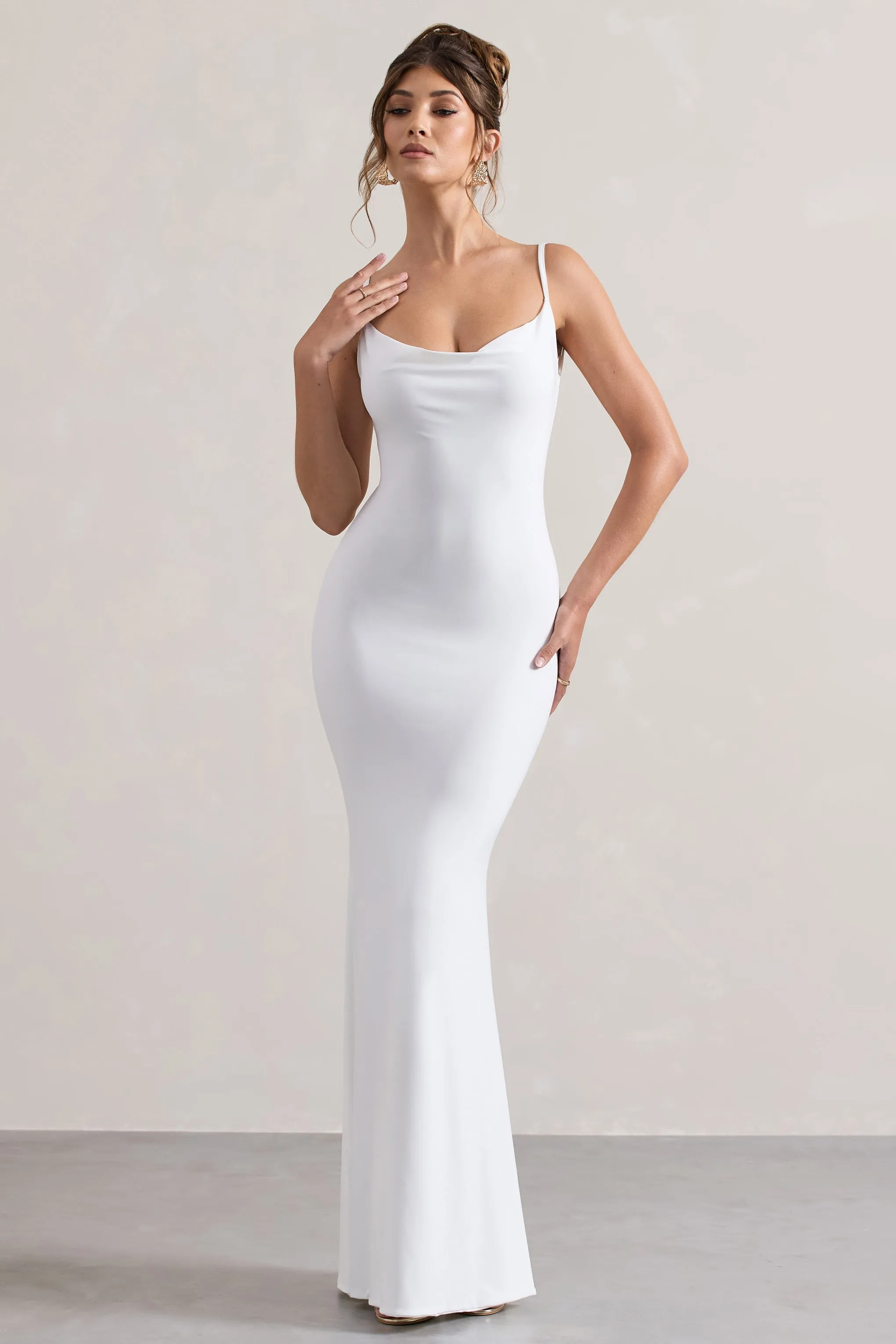 Francoise | White Cowl Neck Backless Maxi Dress With Lace Insert