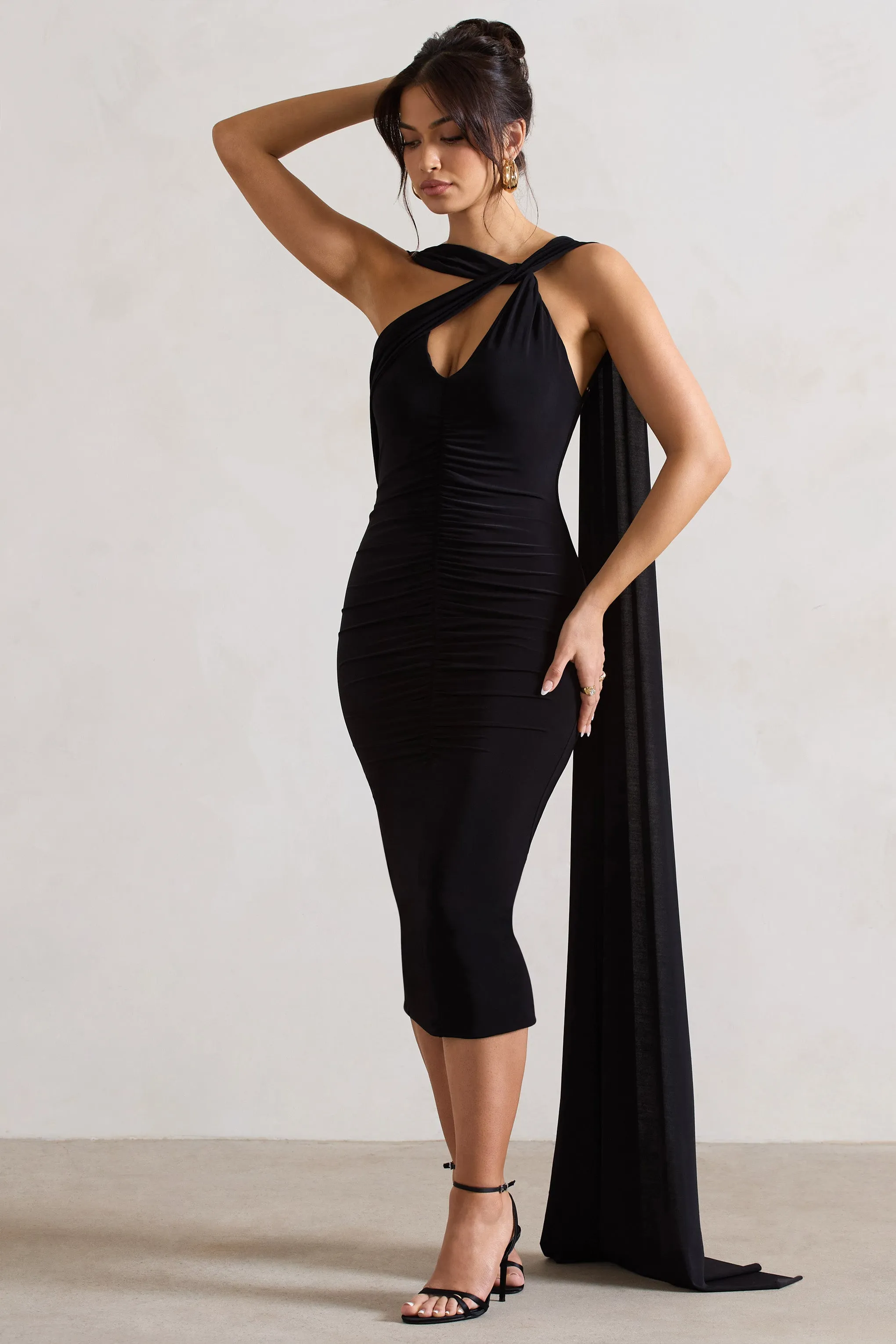 Freedom | Black Strappy Asymmetric Cut-Out Midi Dress With Cape