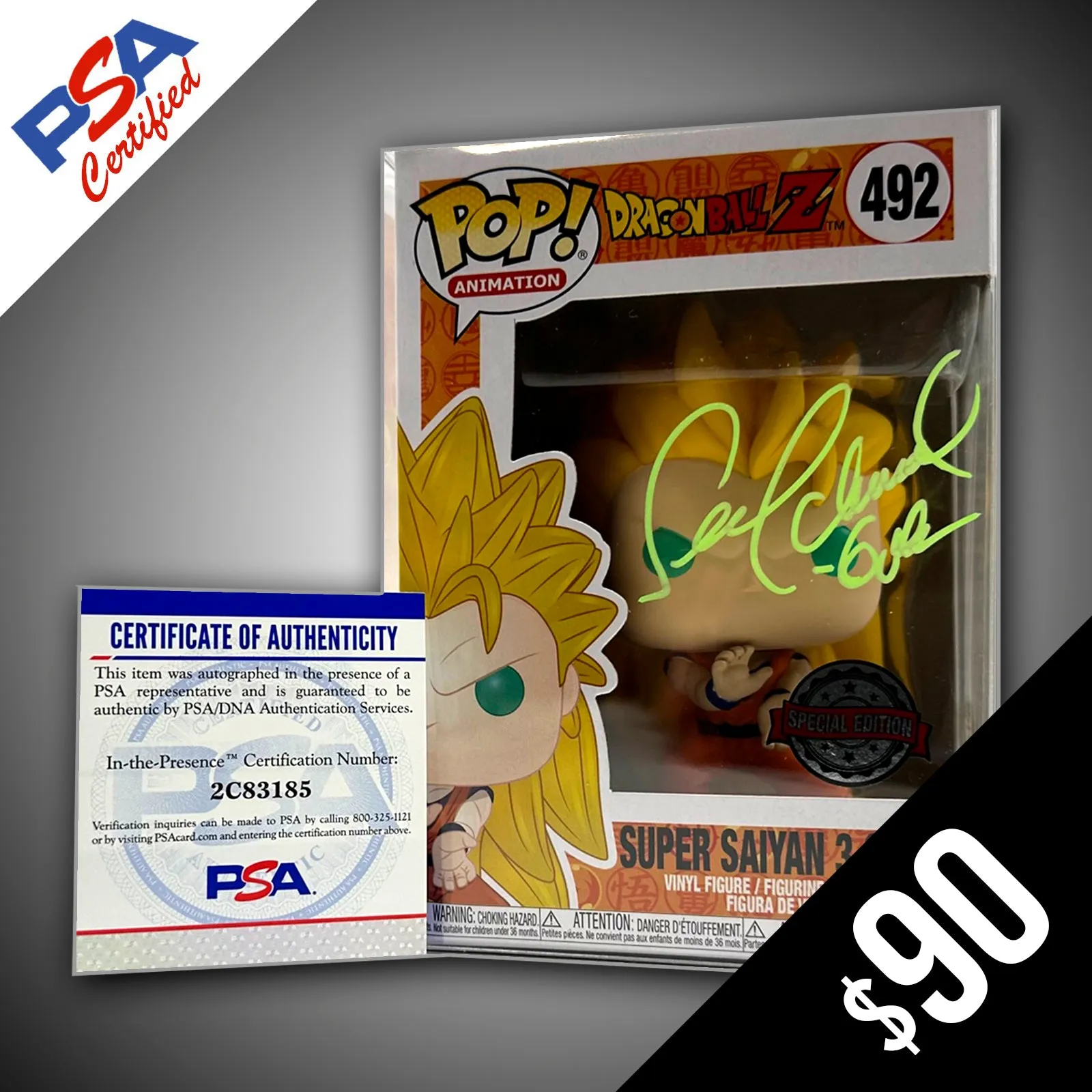 Funko Pop! Dragon Ball Z: Super Saiyan 3 Goku #492- SIGNED by Sean Schemmel (PSA Certified)