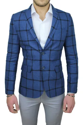 GIACCA BLAZER UOMO ANDREA MARINELLI BLU IN LINO FANTASIA QUADRI FORMALE ELEGANTE