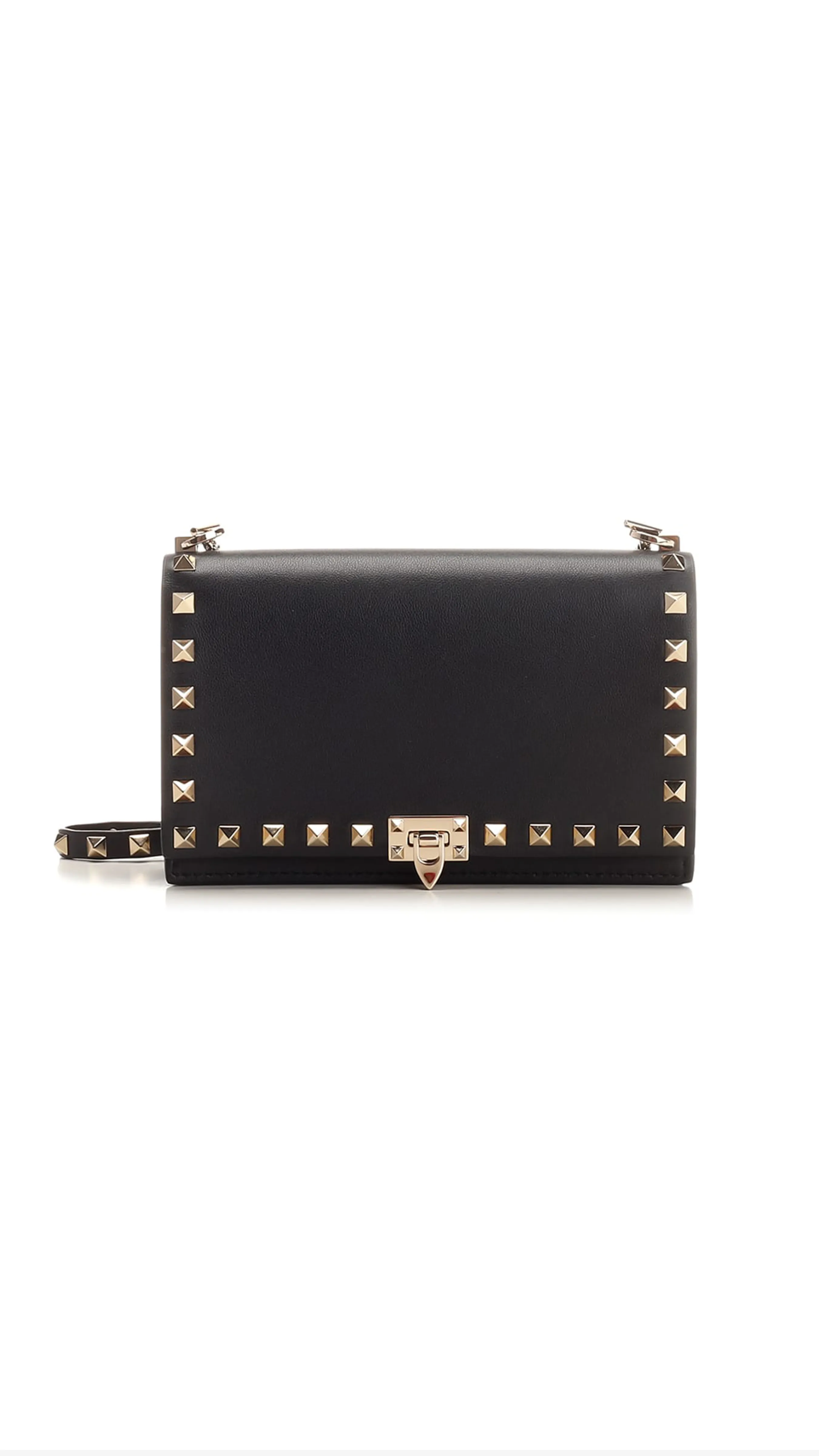 Grainy Calfskin Pouch with Rockstud Chain - Black