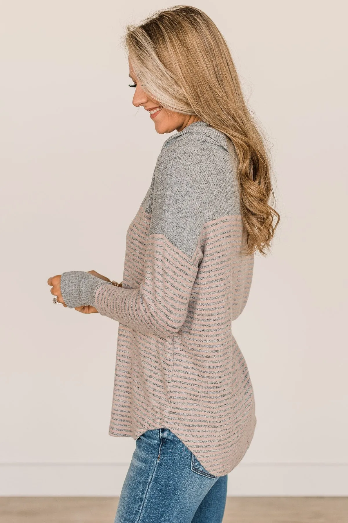 Just Can't Wait Cowl Neck Top- Grey & Dusty Pink