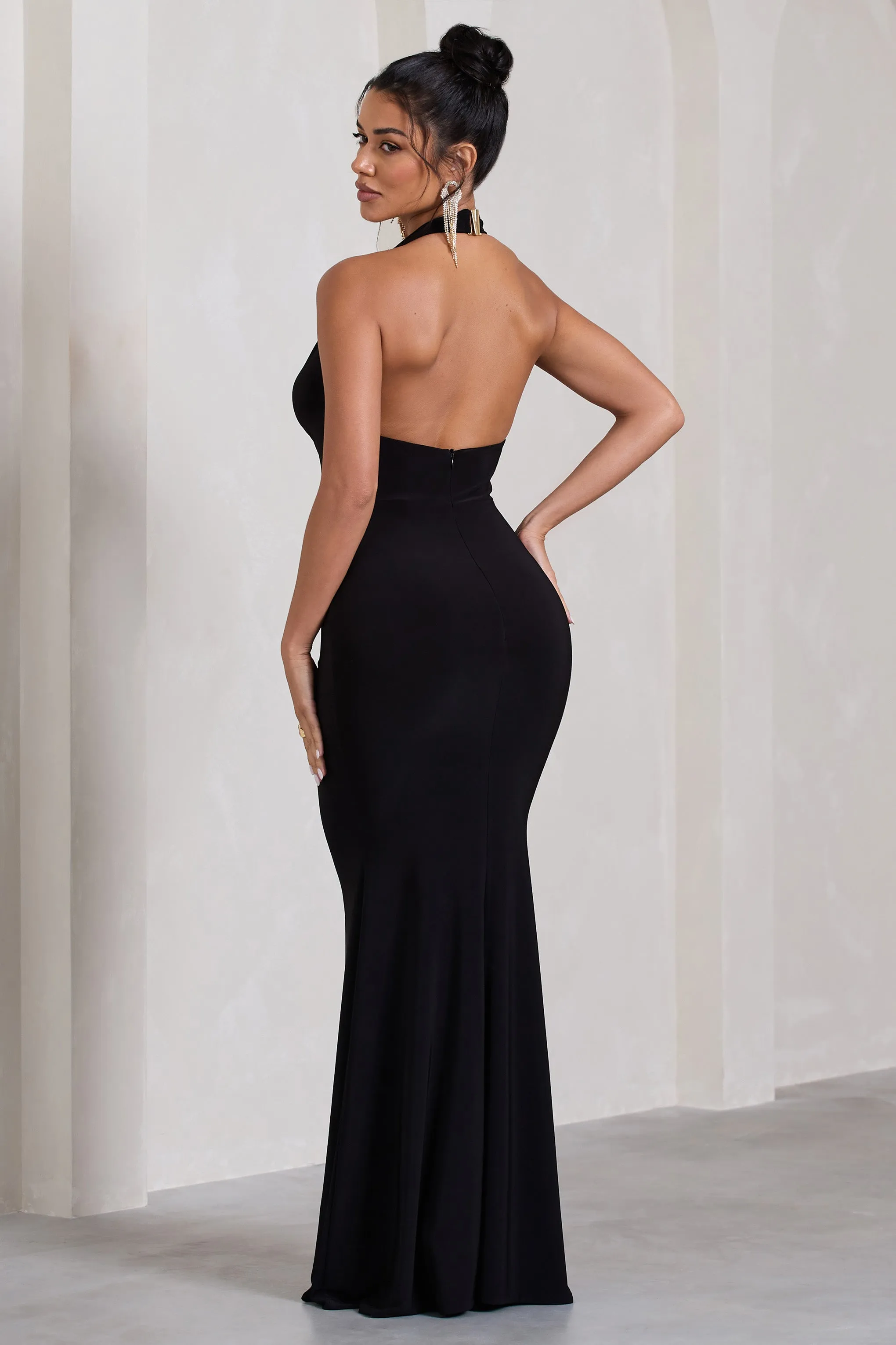 Kaia | Black Ruched Cowl-Neck Maxi Dress With Drape