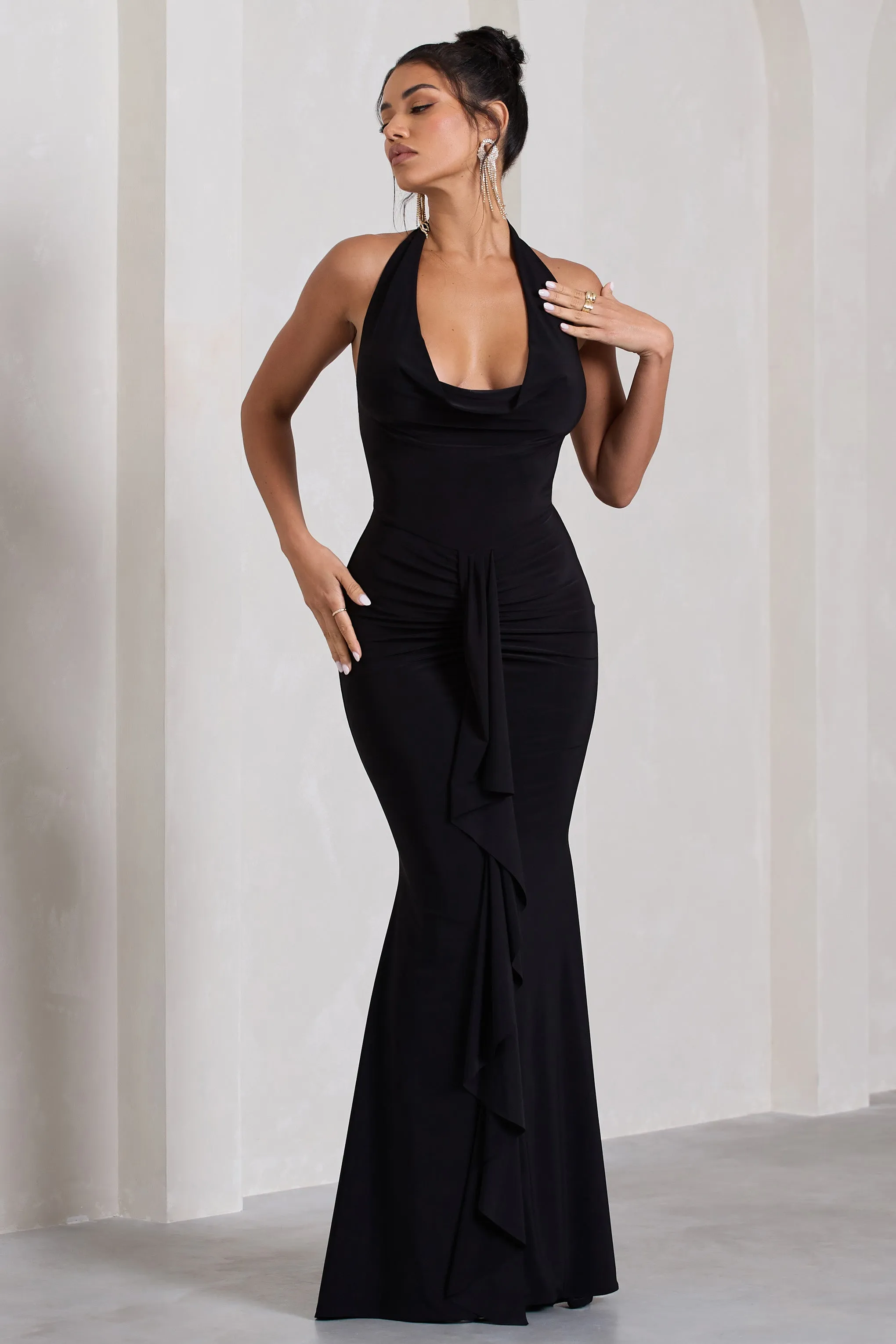 Kaia | Black Ruched Cowl-Neck Maxi Dress With Drape