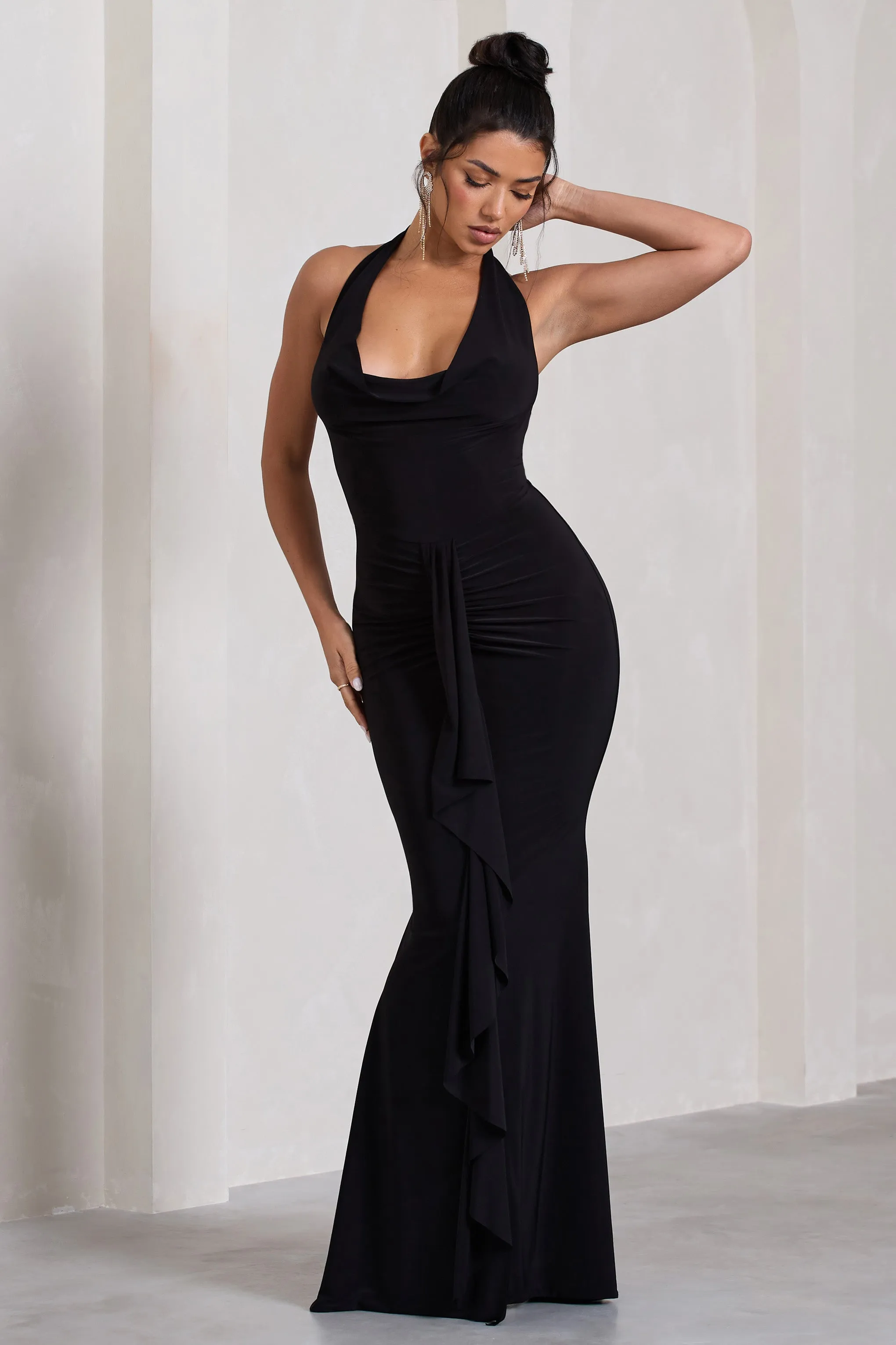 Kaia | Black Ruched Cowl-Neck Maxi Dress With Drape