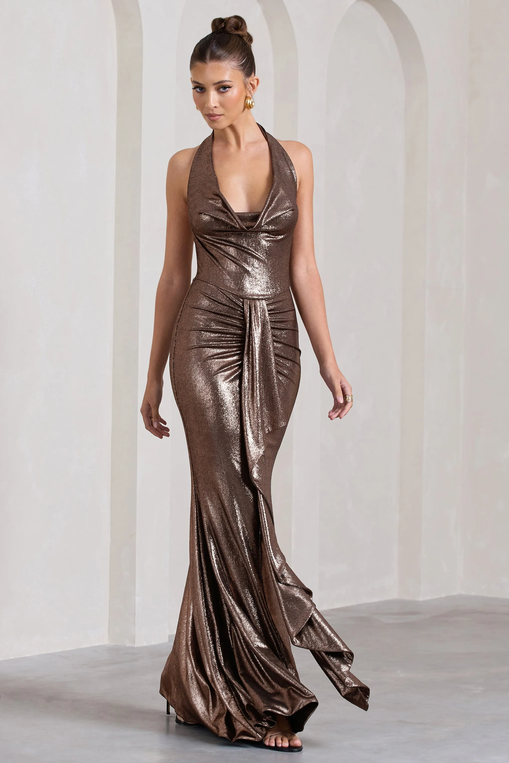 Kaia | Bronze Metallic Ruched Cowl-Neck Maxi Dress With Drape