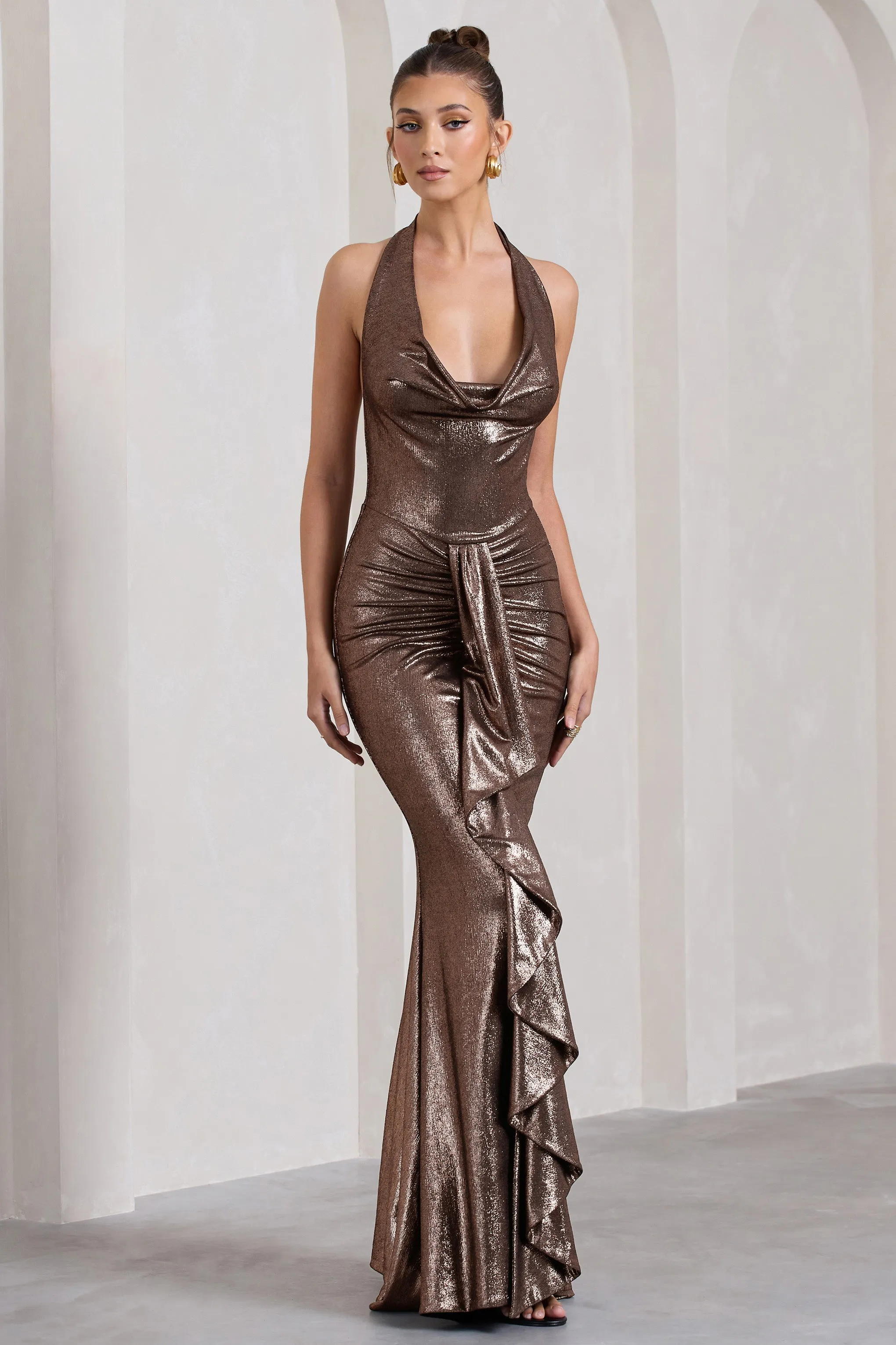 Kaia | Bronze Metallic Ruched Cowl-Neck Maxi Dress With Drape