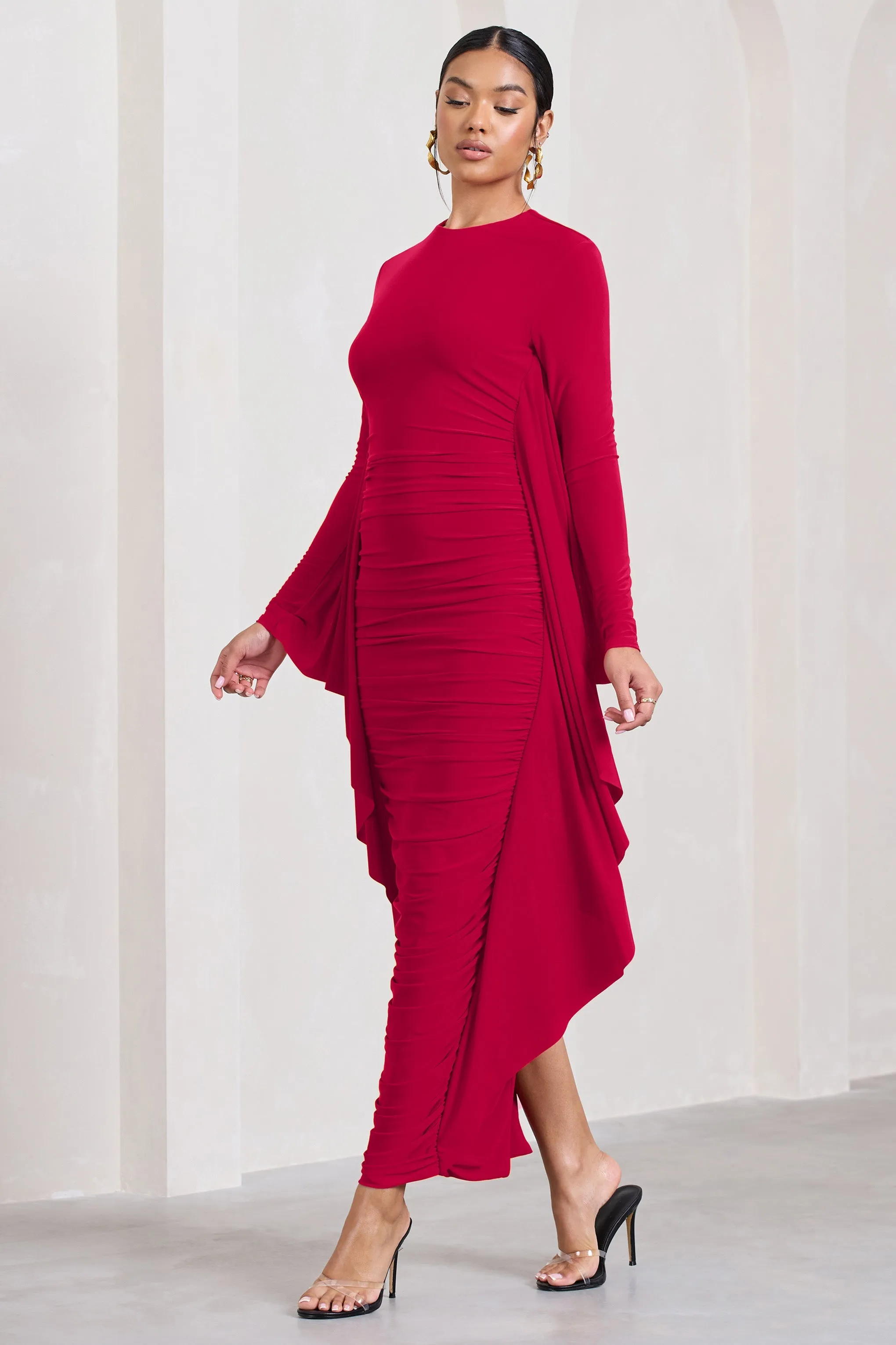 Keva | Red Long Sleeve Ruched Maxi Dress with Cape Detailing